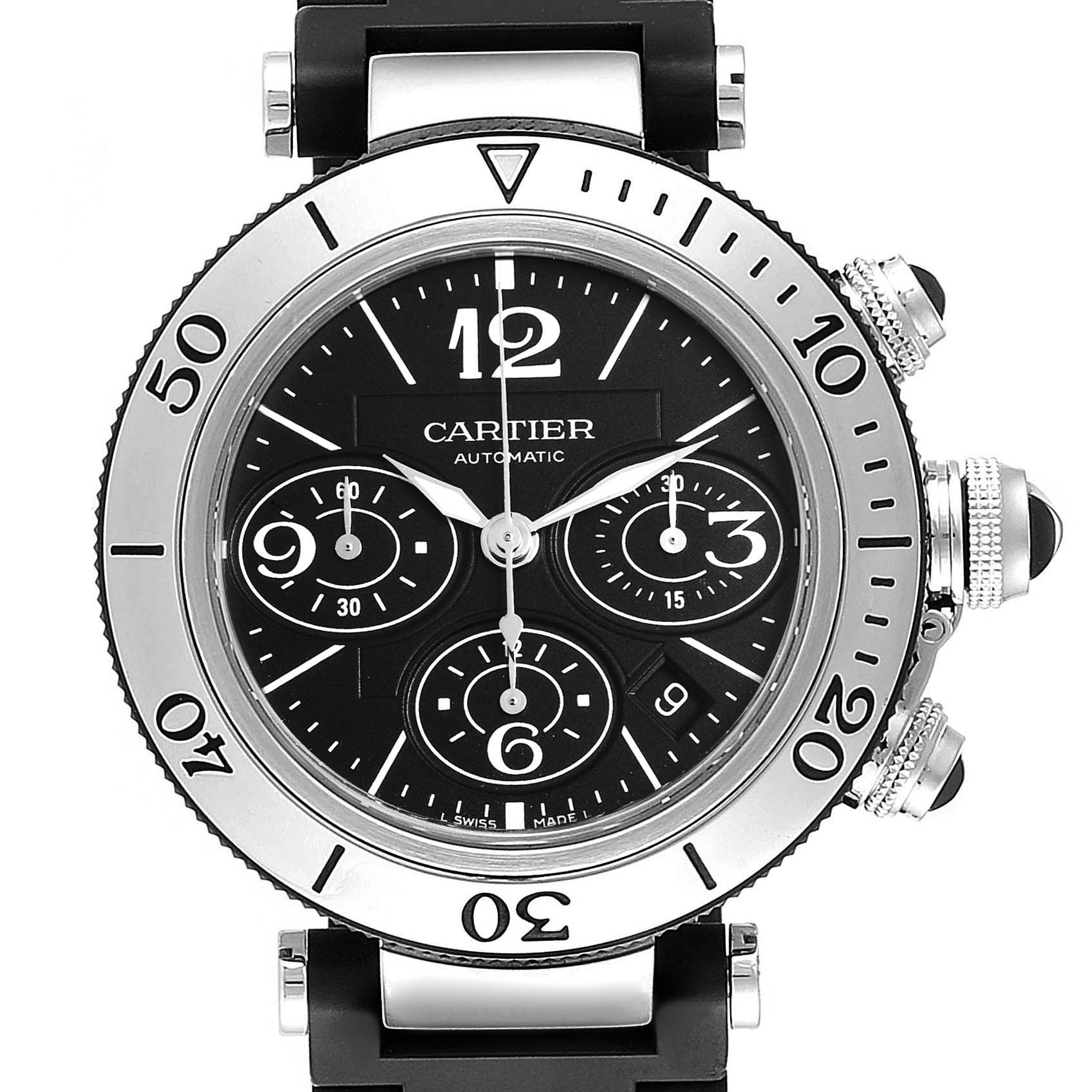 This image shows a front view of a Cartier Pasha W31088U2 Men's Stainless Steel Black Dial W31088U2 Men's Stainless Steel Black Dial model watch, highlighting the dial, bezel, and chronograph subdials.