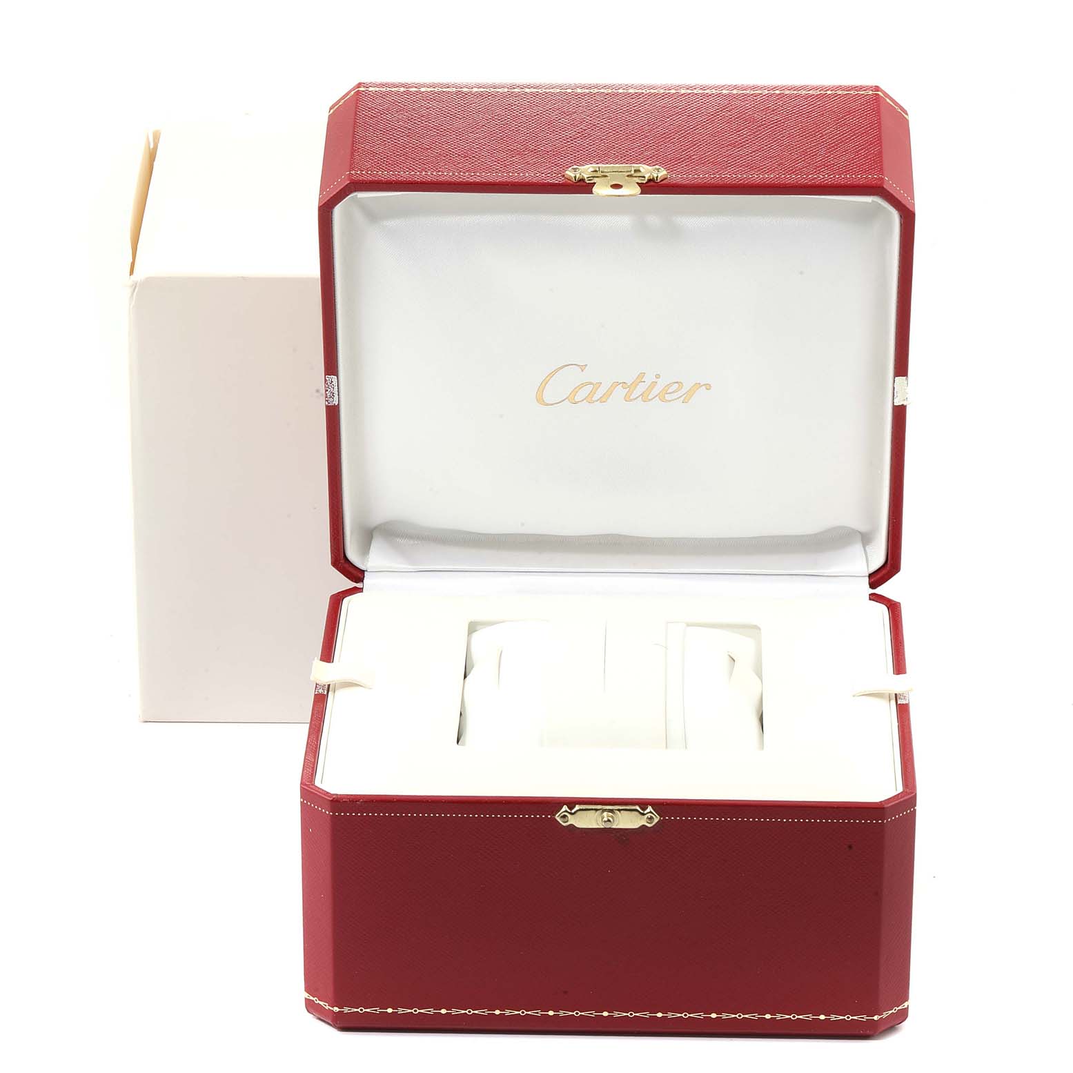 The image shows an open Cartier red watch box for the Pasha model, with white interior cushions.