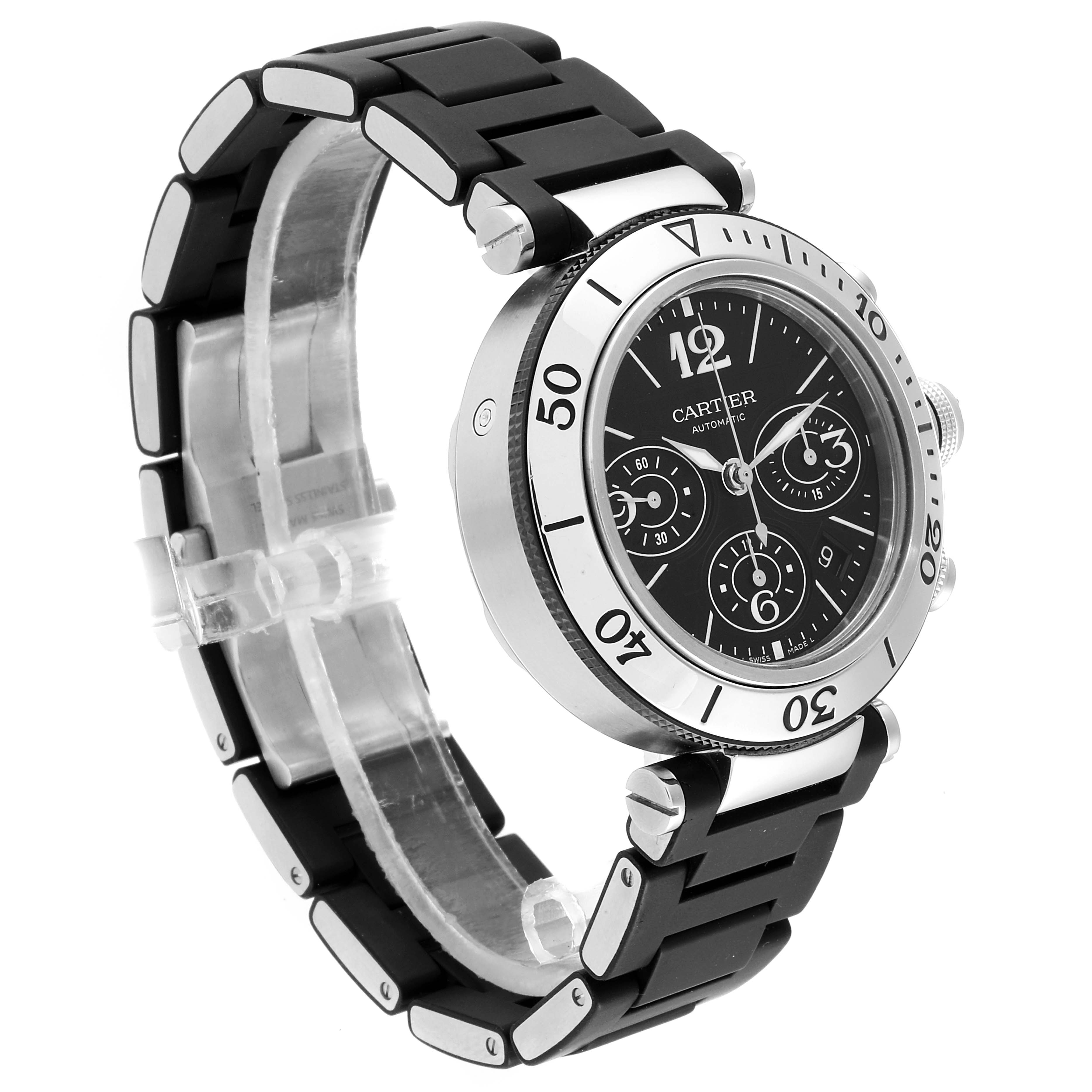 This image shows a side angle of the Cartier Pasha W31088U2 Men's Stainless Steel Black Dial W31088U2 Men's Stainless Steel Black Dial watch, focusing on the dial, bezel, and part of the bracelet.