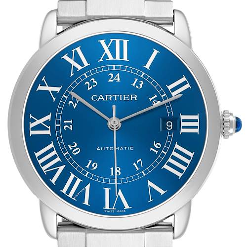 The Cartier Ronde WSRN0023 Men's Stainless Steel Blue Dial watch is shown from the front, displaying its blue dial, Roman numerals, and date window at 3 o'clock.
