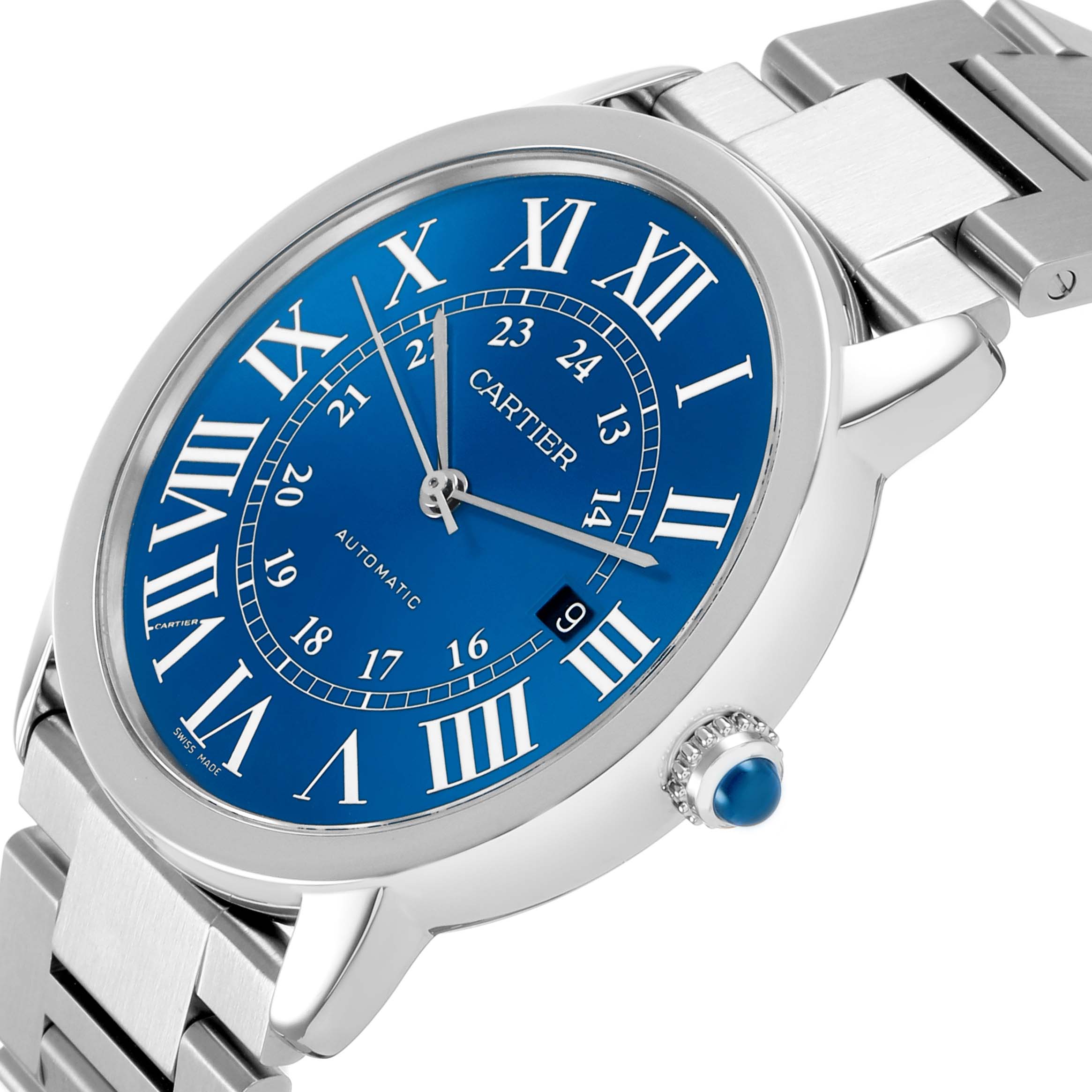 The Cartier Ronde WSRN0023 Men's Stainless Steel Blue Dial watch is shown at a slight angle displaying the blue dial, Roman numerals, bezel, crown with a blue cabochon, and part of the bracelet.