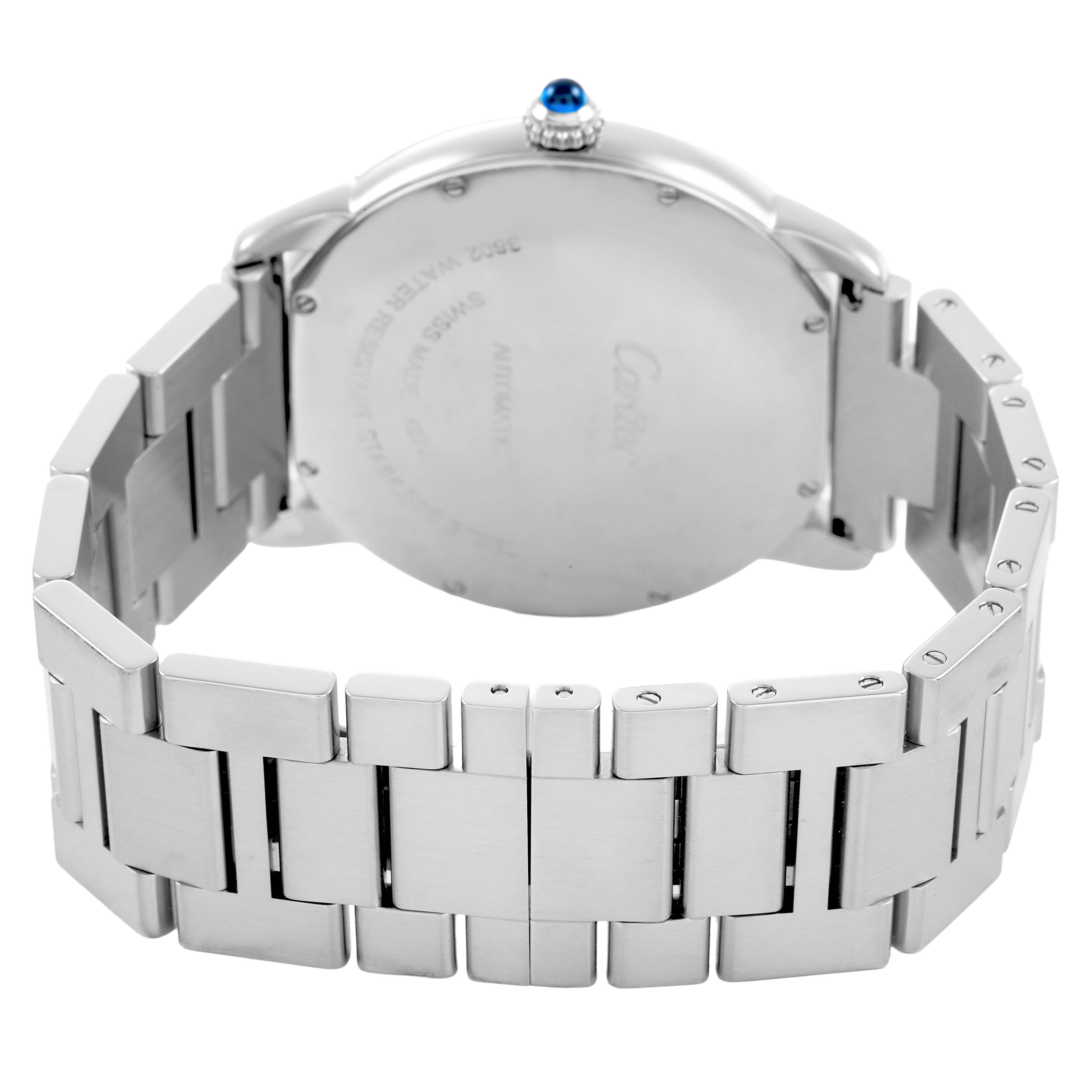 The image shows the back of a Cartier Ronde WSRN0023 Men's Stainless Steel Blue Dial watch, highlighting its metal bracelet and clasp.