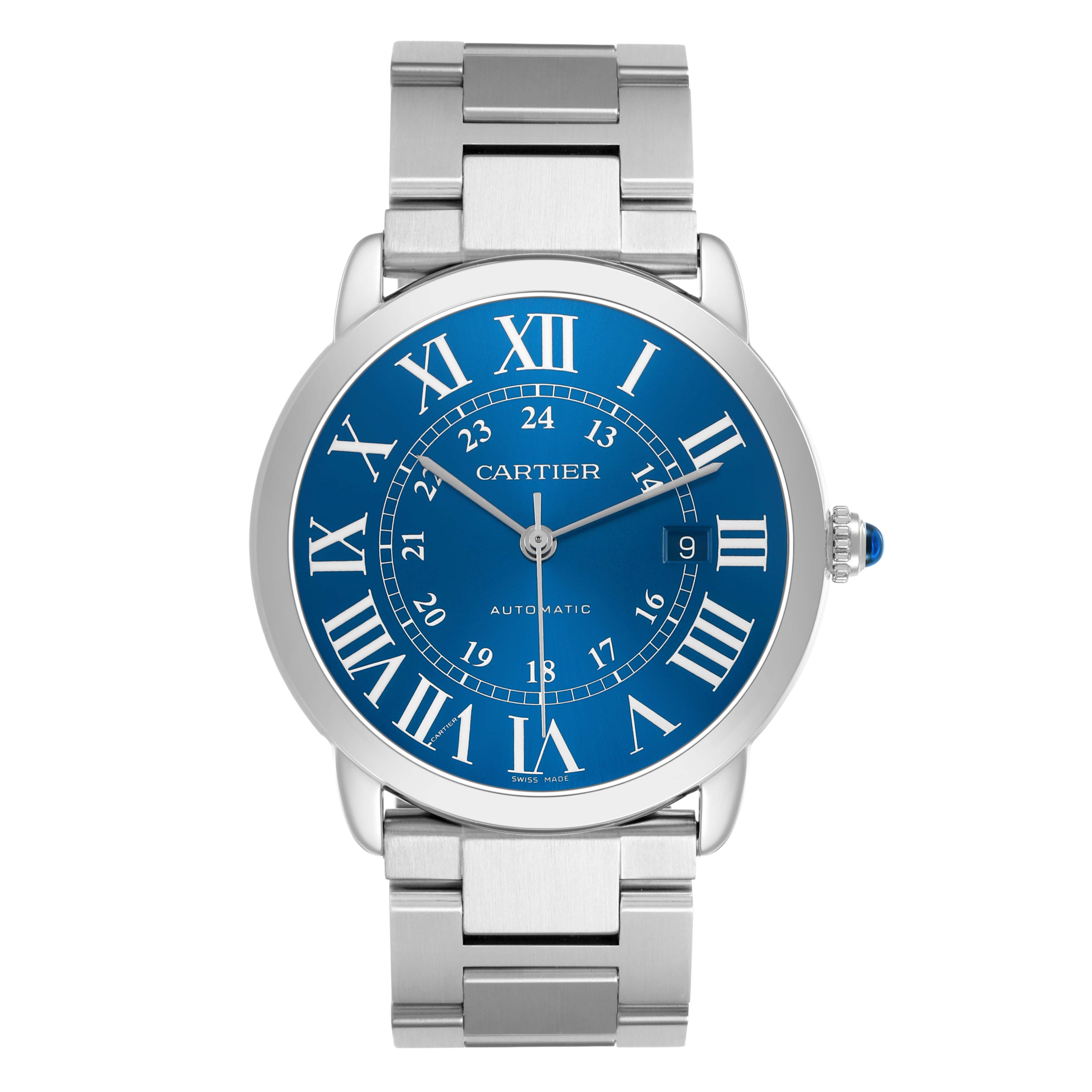 The Cartier Ronde WSRN0023 Men's Stainless Steel Blue Dial watch is shown from a front view, displaying the full face, bezel, and metal bracelet.
