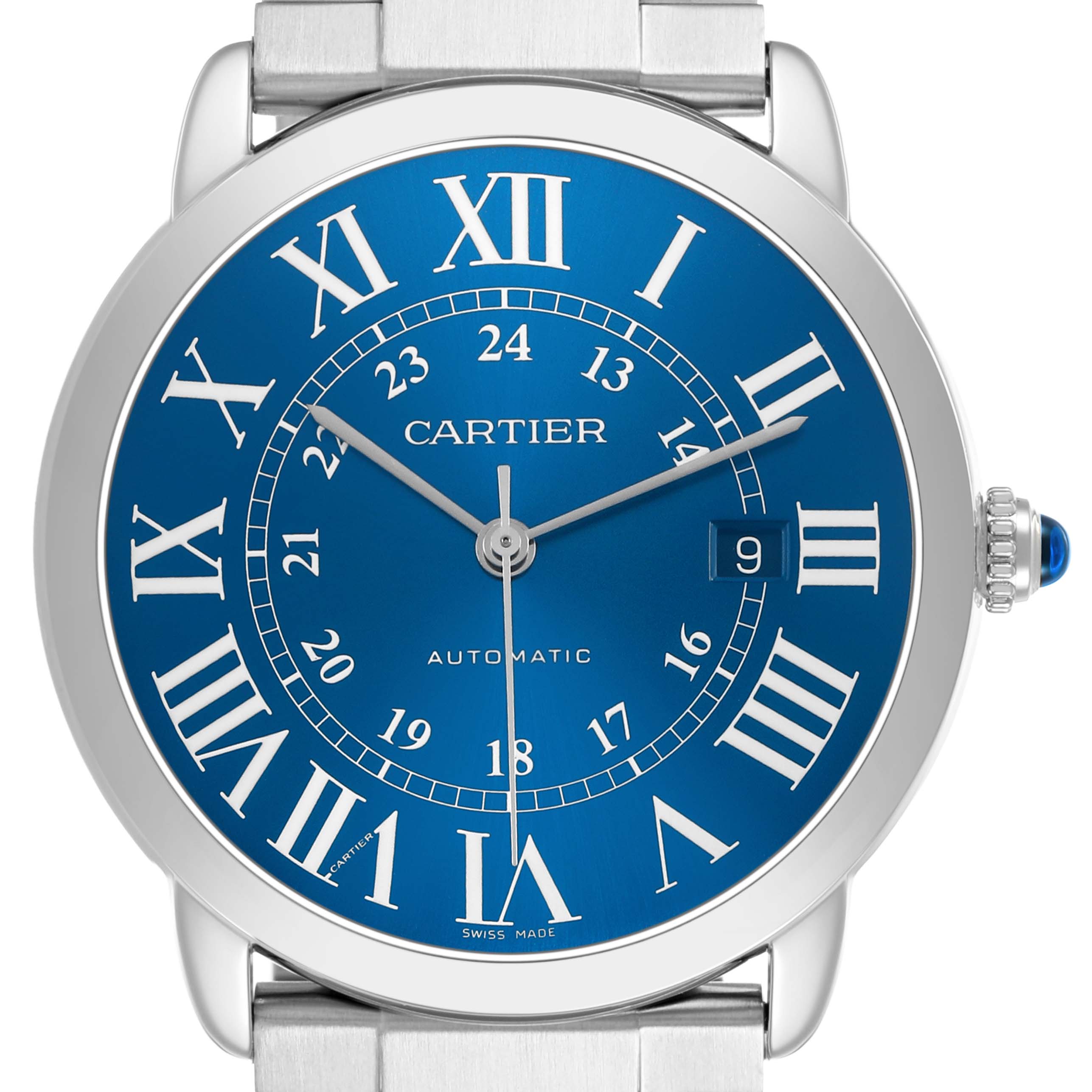 The Cartier Ronde WSRN0023 Men's Stainless Steel Blue Dial watch is shown from the front, displaying its blue dial, Roman numerals, date window, and silver bracelet.