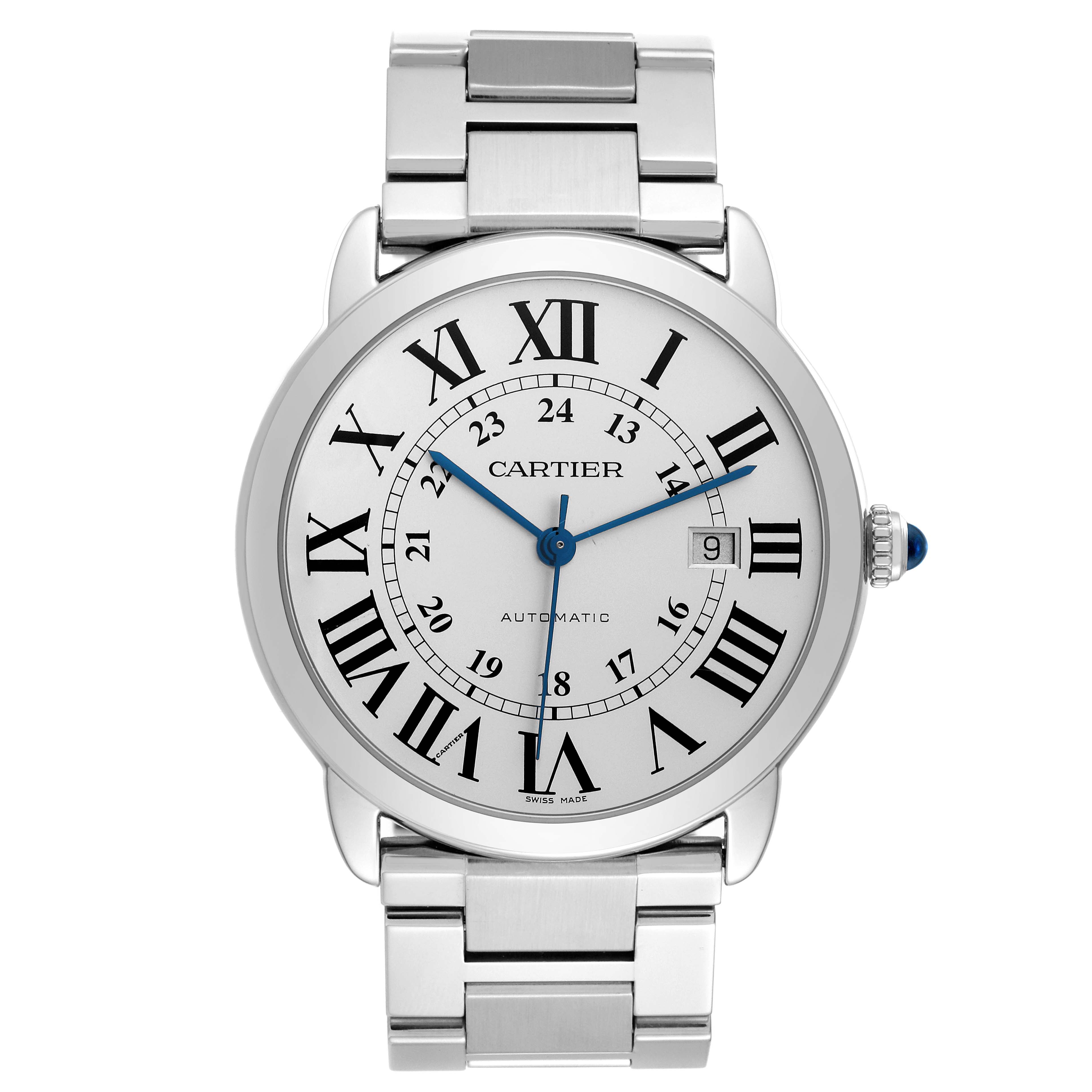 The image shows a frontal view of the Cartier Ronde W6701011 Men
s Stainless Steel Silver Dial W6701011 Men
s Stainless Steel Silver Dial watch, highlighting its dial and metal bracelet.