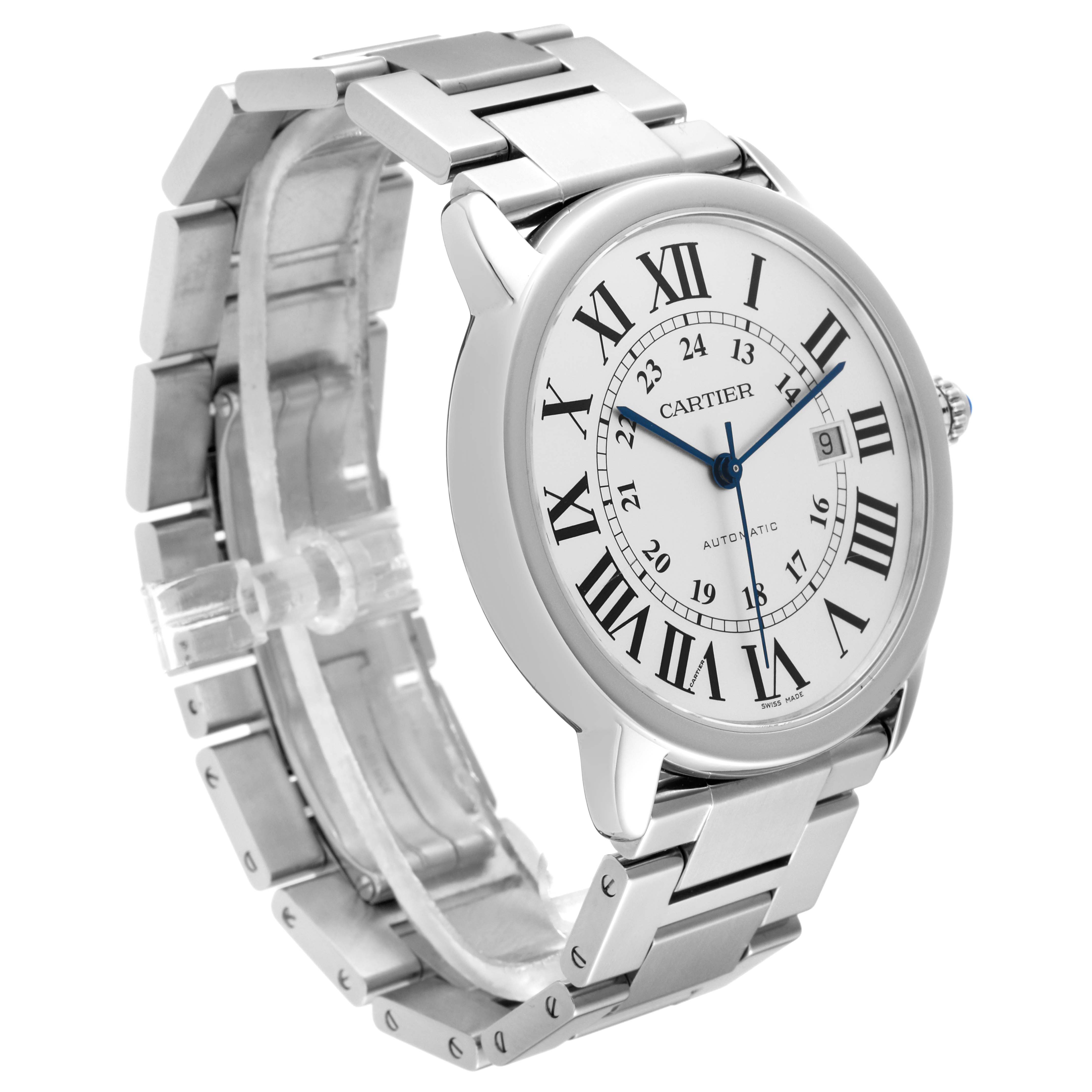 The image shows a Cartier Ronde W6701011 Men
s Stainless Steel Silver Dial W6701011 Men
s Stainless Steel Silver Dial model watch at an angled side view highlighting the face, bracelet, and clasp.