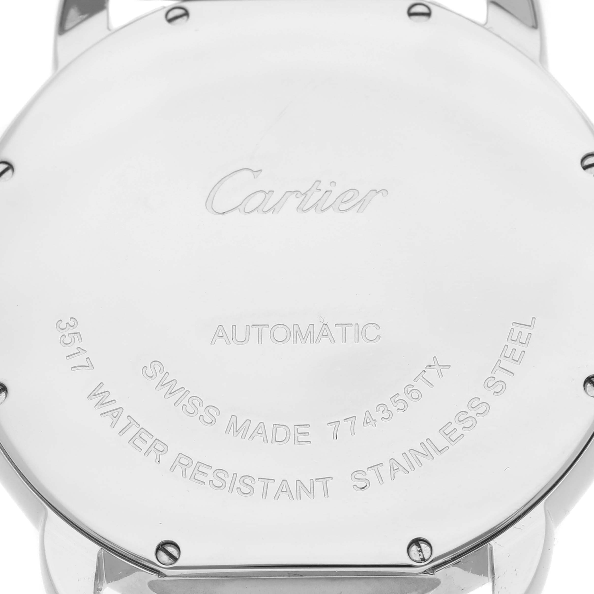 The image shows the back case of the Cartier Ronde W6701011 Men
s Stainless Steel Silver Dial W6701011 Men
s Stainless Steel Silver Dial watch, displaying its branding and specifications.