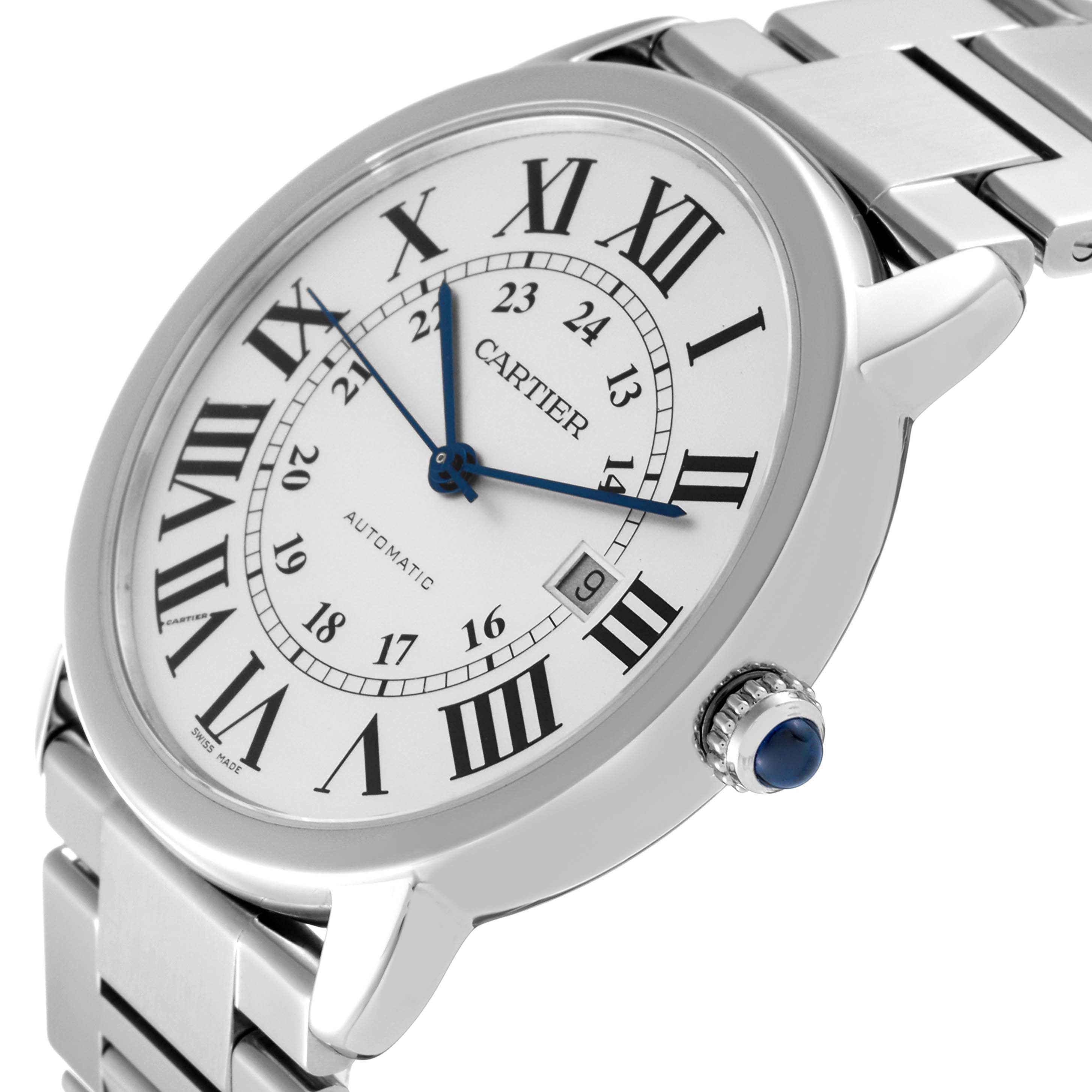 The image shows a Cartier Ronde W6701011 Men
s Stainless Steel Silver Dial W6701011 Men
s Stainless Steel Silver Dial watch at an angled side view, highlighting the dial, bezel, crown, and part of the bracelet.