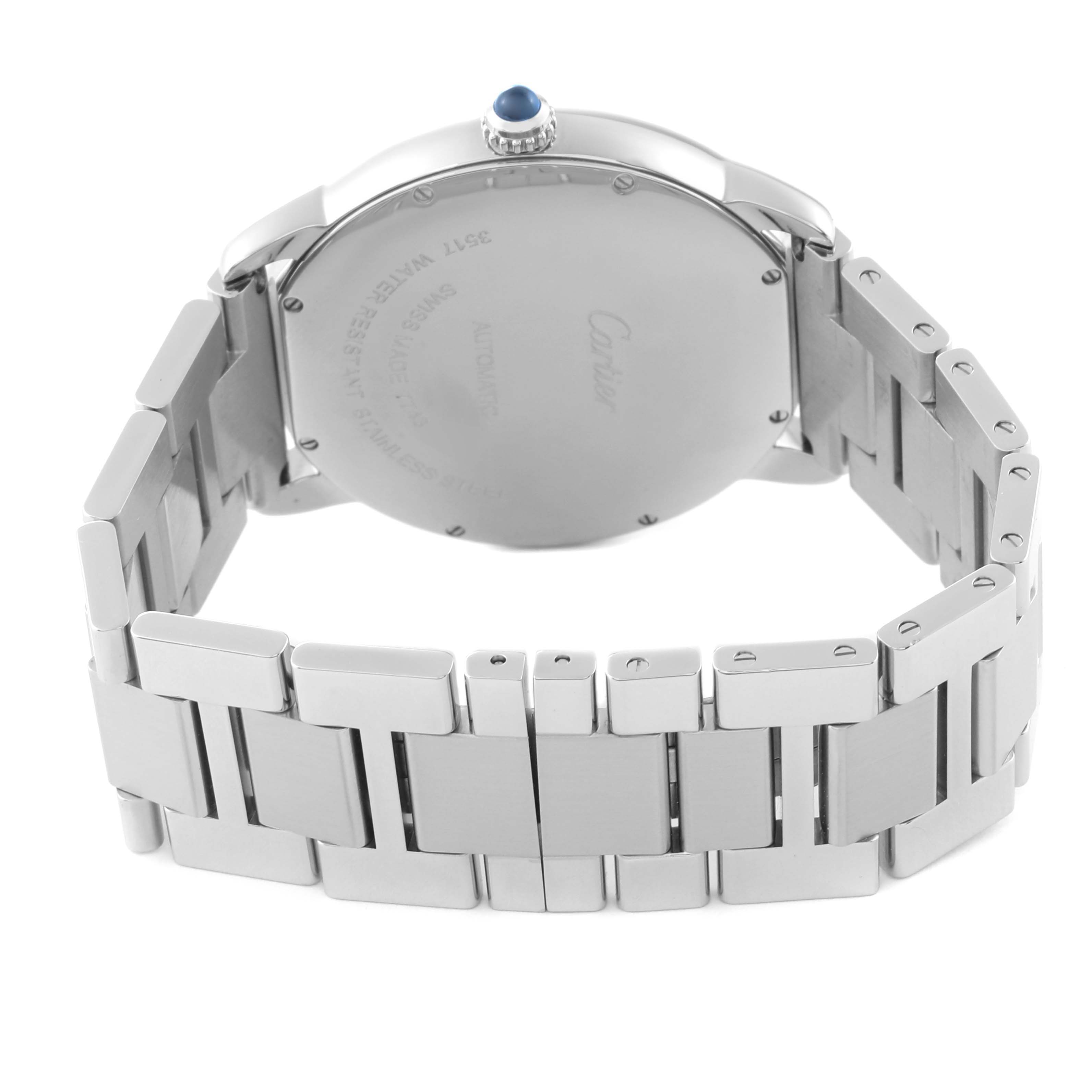 The image shows the back case and metal bracelet of a Cartier Ronde W6701011 Men
s Stainless Steel Silver Dial W6701011 Men
s Stainless Steel Silver Dial model watch from a rear angle.