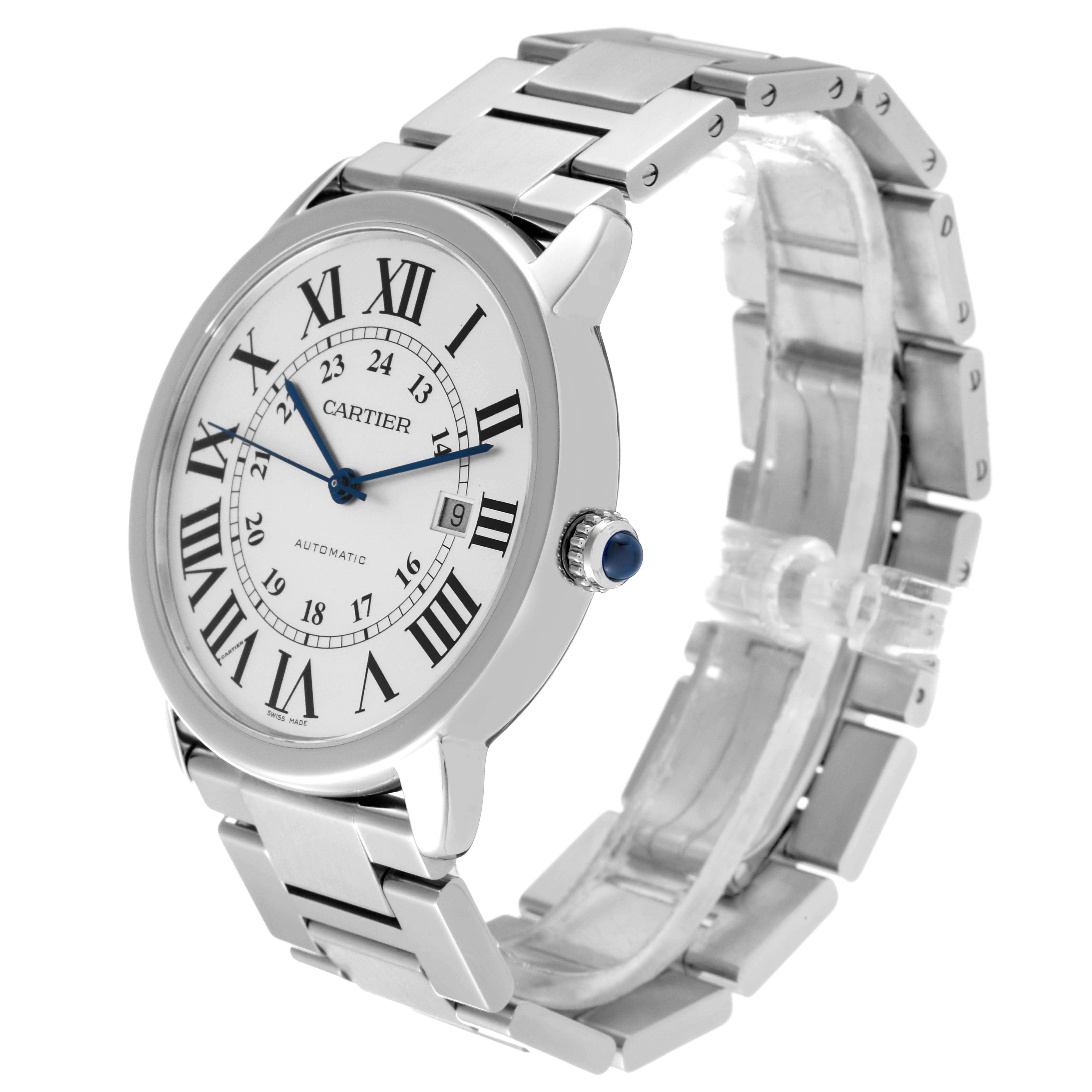 The Ronde model by Cartier is shown at a three-quarter angle, displaying the watch face, crown, and metal bracelet.