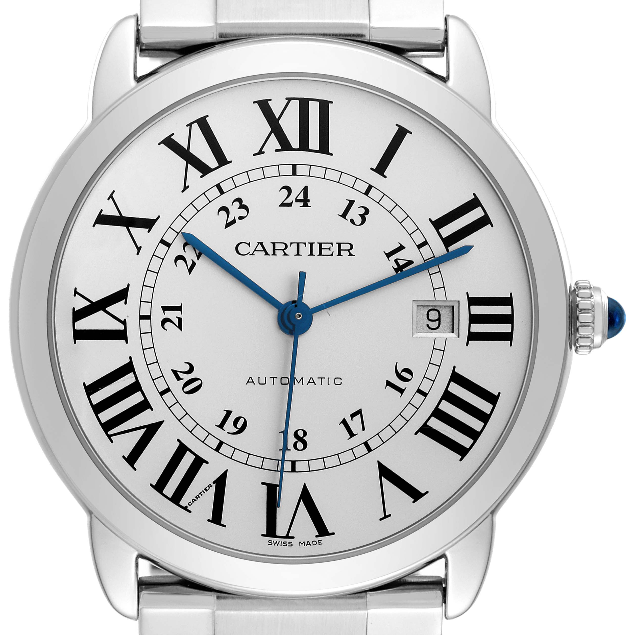 The image shows a front view of the Cartier Ronde W6701011 Men
s Stainless Steel Silver Dial W6701011 Men
s Stainless Steel Silver Dial watch, displaying its dial, blue hands, Roman numerals, and date window.