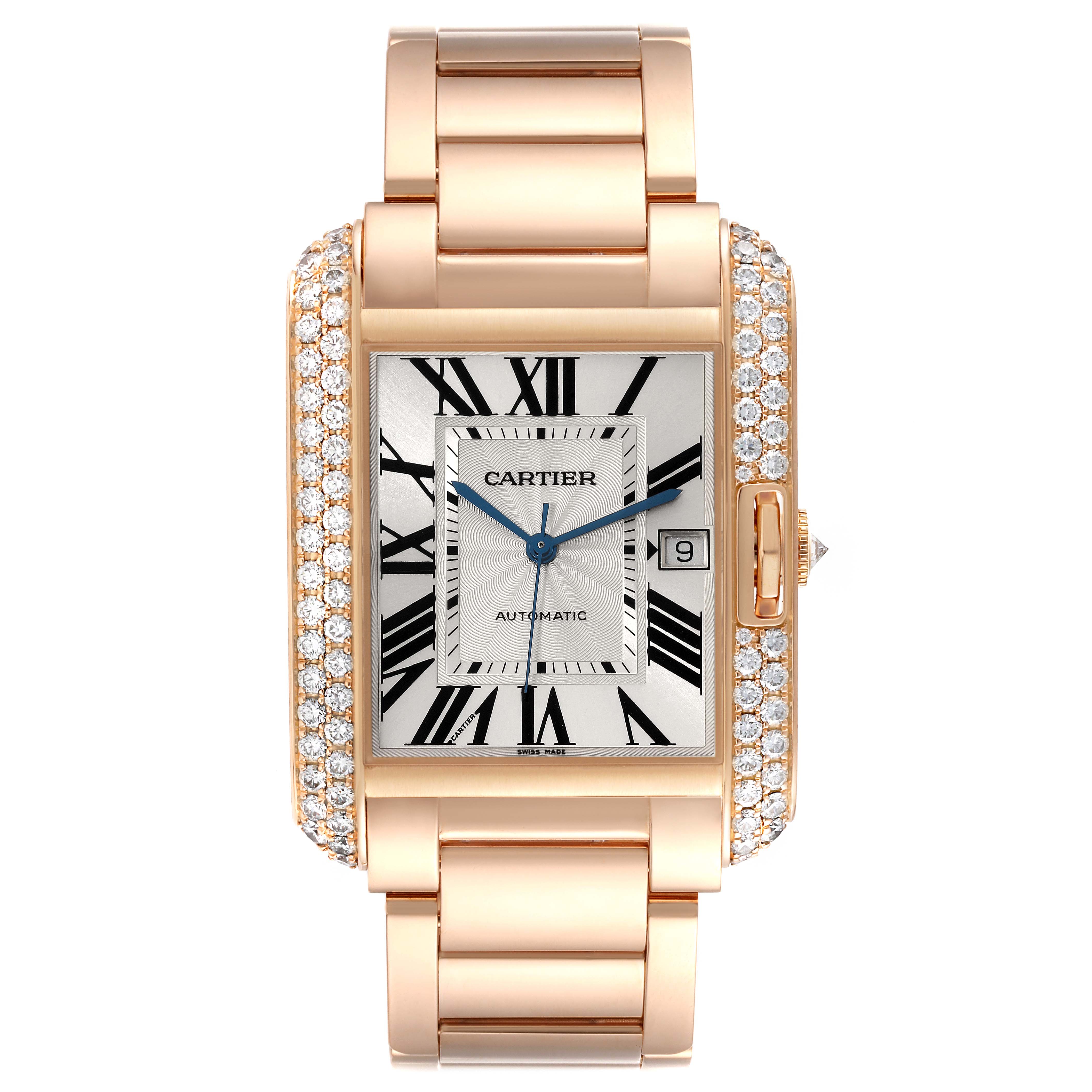 The Cartier Tank Anglaise WT100004 Men
s Rose Gold Silver Dial WT100004 Men
s Rose Gold Silver Dial watch is shown from a front view, displaying its face, strap, and diamond-studded bezel.