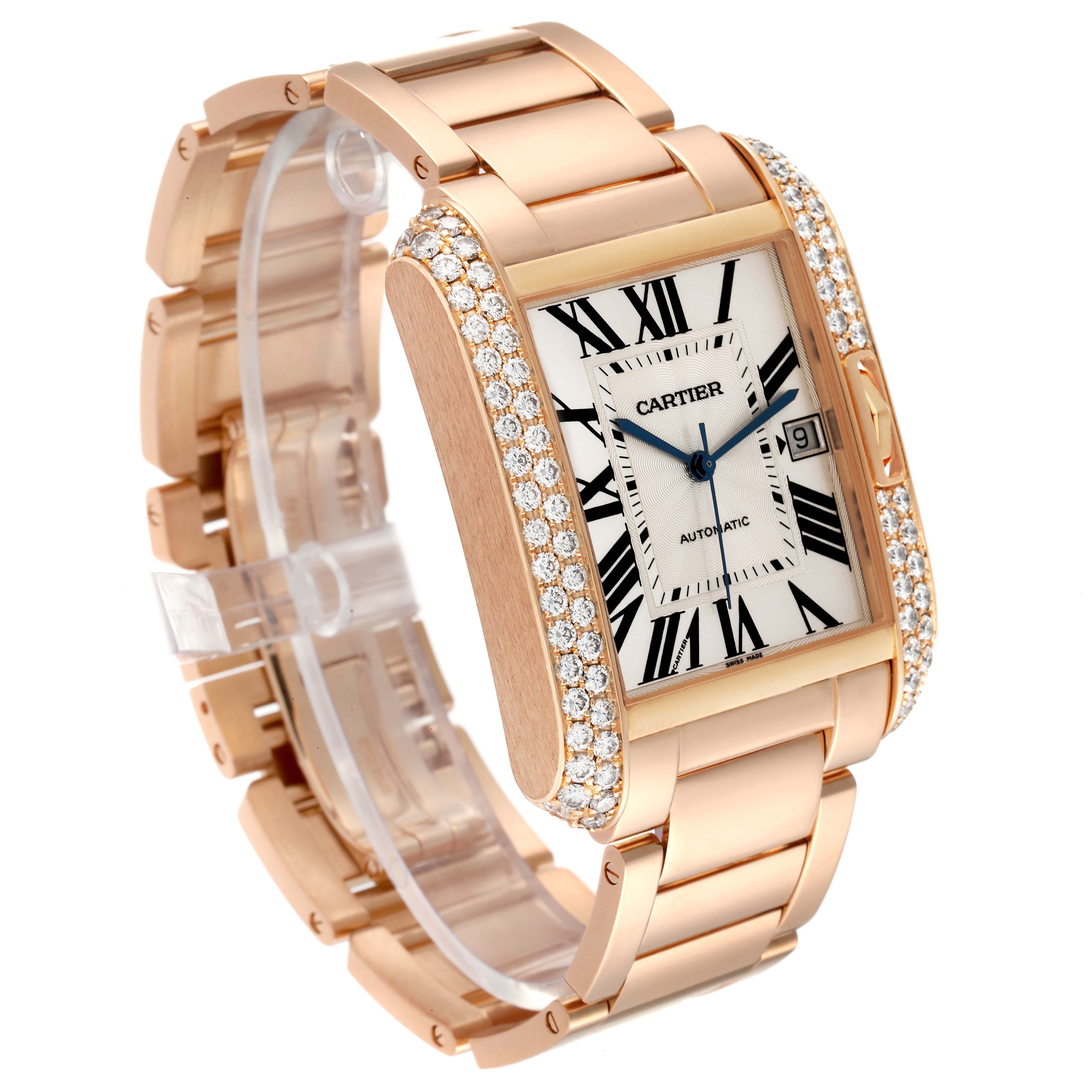 The image shows a Cartier Tank Anglaise WT100004 Men
s Rose Gold Silver Dial WT100004 Men
s Rose Gold Silver Dial Watch with a rose gold band and diamond-encrusted bezel, viewed from an angled perspective.
