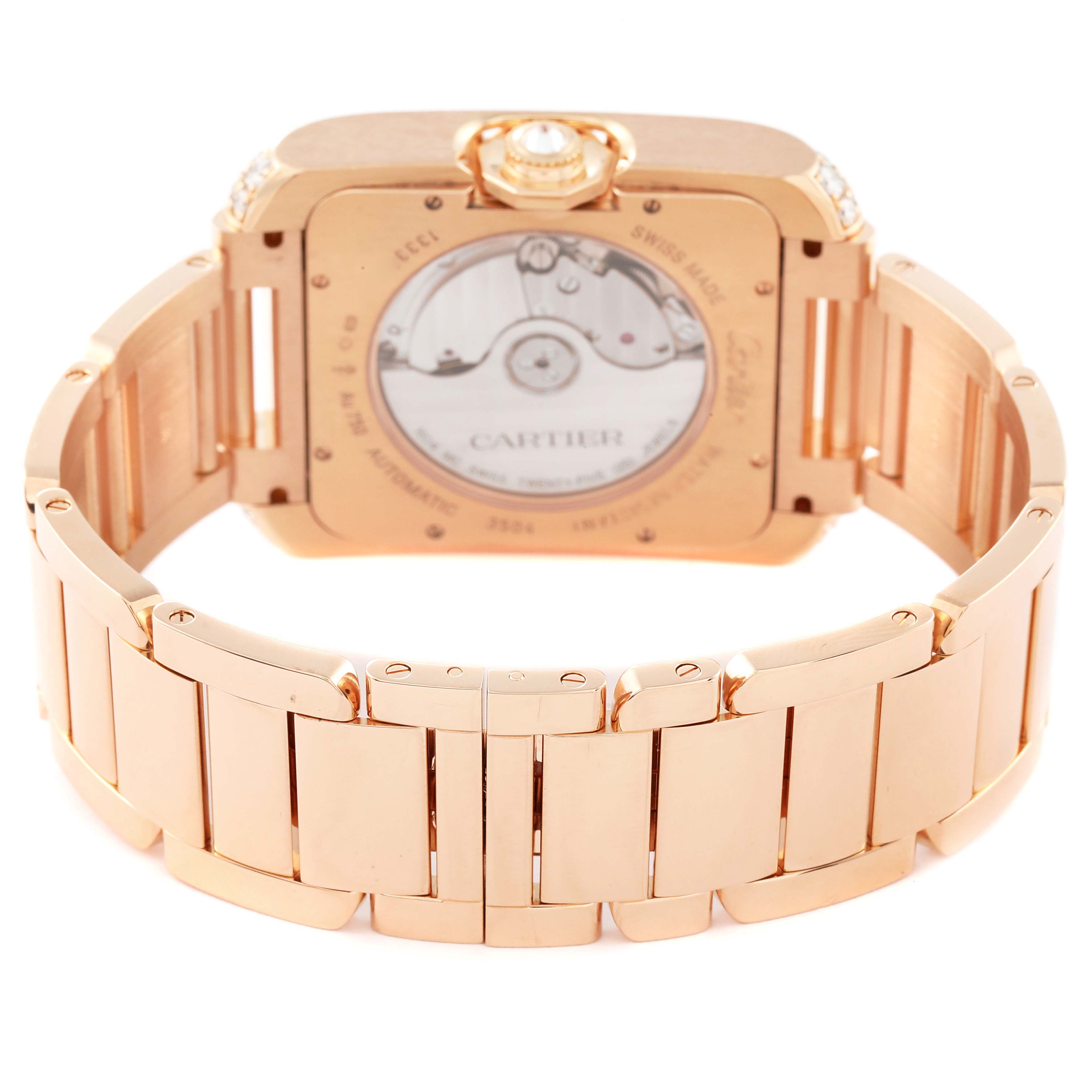 This image shows the back case and bracelet of the Cartier Tank Anglaise WT100004 Men
s Rose Gold Silver Dial WT100004 Men
s Rose Gold Silver Dial watch, highlighting the movement and clasp.