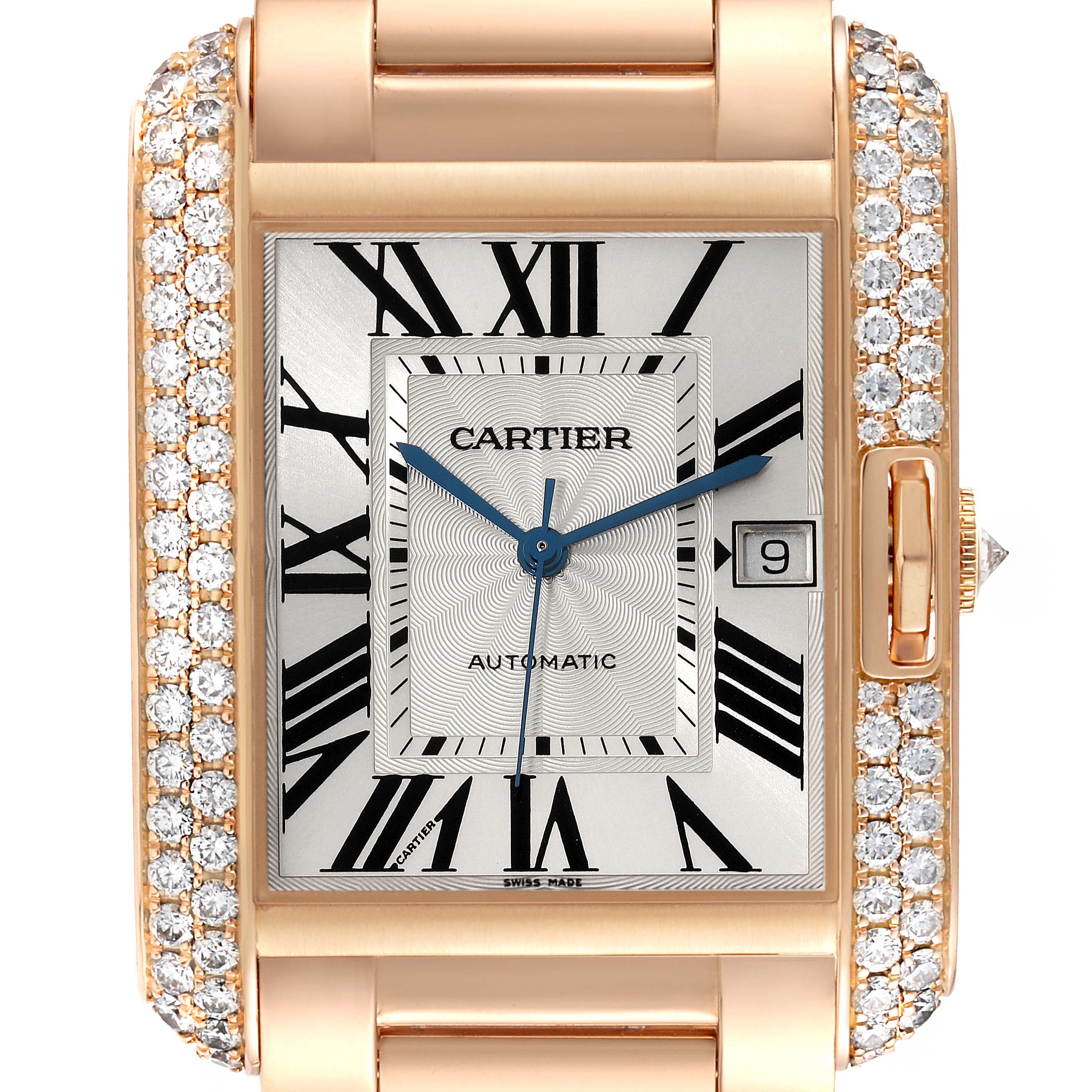 The image shows a front view of the Cartier Tank Anglaise WT100004 Men
s Rose Gold Silver Dial WT100004 Men
s Rose Gold Silver Dial watch with diamonds encrusted on the bezel.