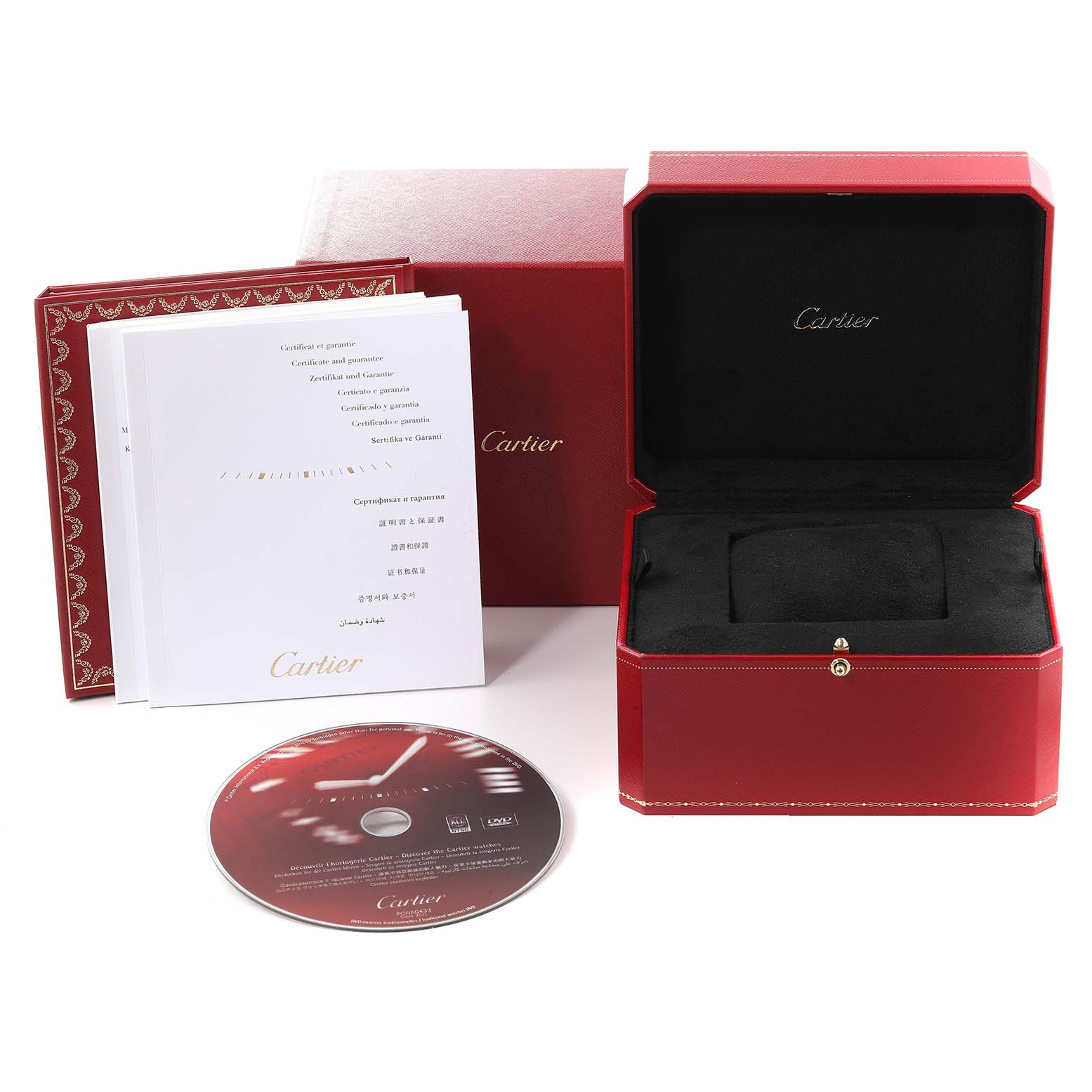 The image shows an open red Cartier box, a warranty booklet, and a CD for the Cartier Tank Anglaise WT100004 Men
s Rose Gold Silver Dial WT100004 Men
s Rose Gold Silver Dial model.