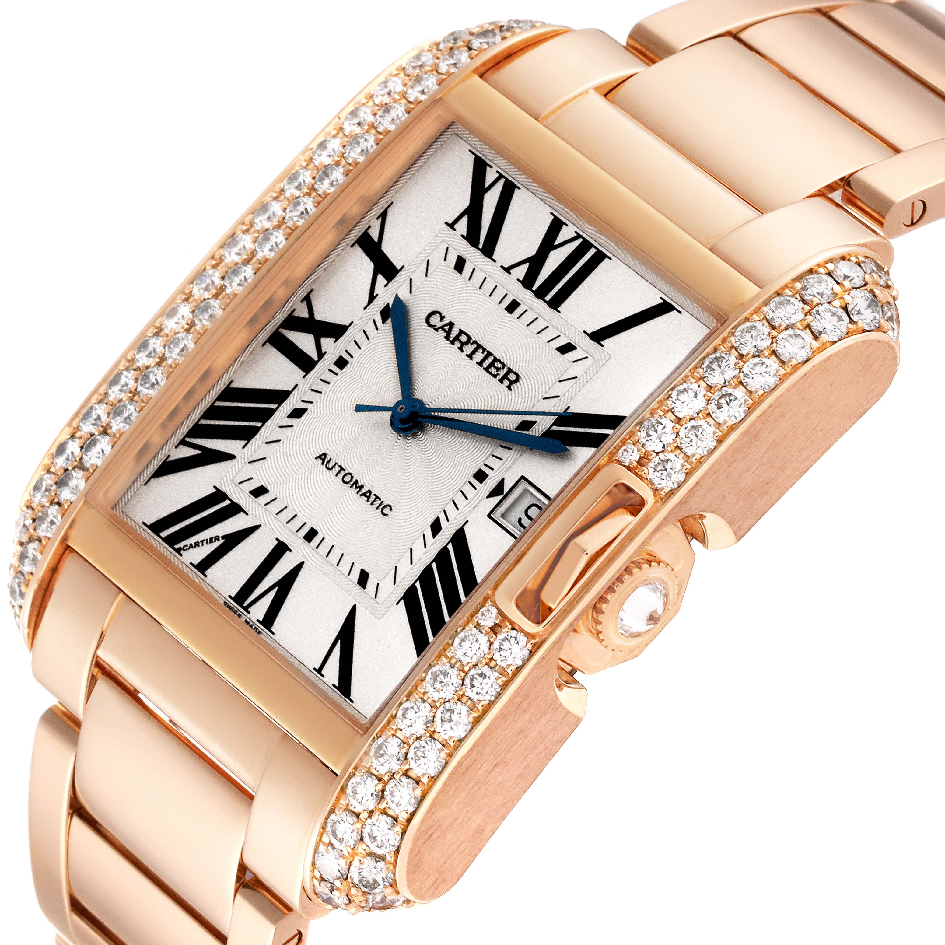 This image shows a close-up angle of a Cartier Tank Anglaise WT100004 Men
s Rose Gold Silver Dial WT100004 Men
s Rose Gold Silver Dial watch, highlighting its diamond-encrusted bezel and bracelet.