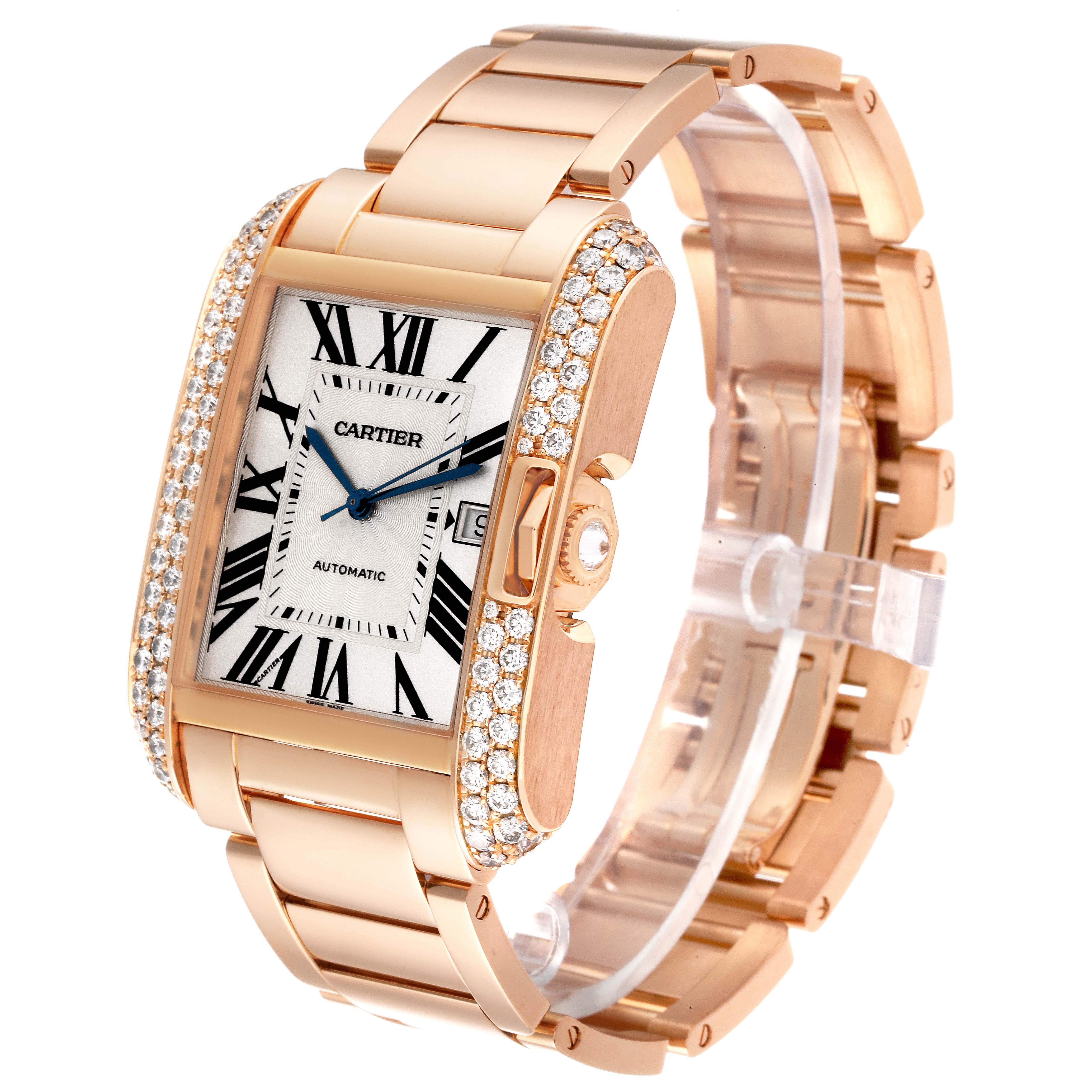 The image shows the Cartier Tank Anglaise WT100004 Men
s Rose Gold Silver Dial WT100004 Men
s Rose Gold Silver Dial watch at an angle displaying its face, bracelet, and side adorned with diamonds.