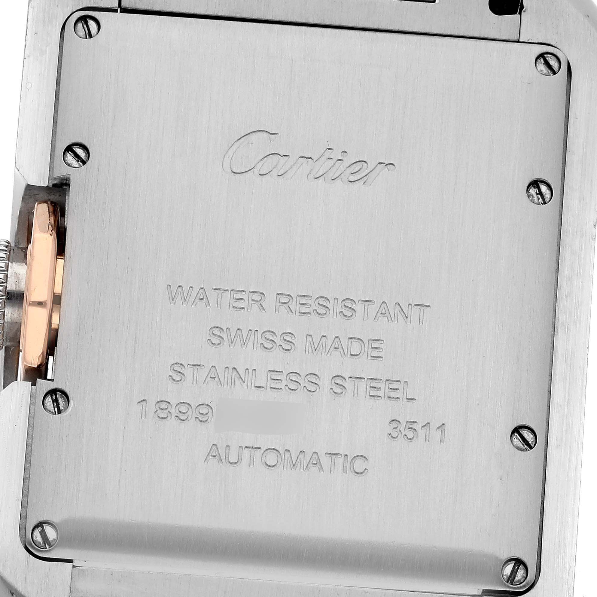 The image shows the back casing of a Cartier Tank Anglaise W5310037 Men
s Steel and Gold (two tone) Silver Dial W5310037 Men
s Steel and Gold (two tone) Silver Dial watch, displaying its water resistance and manufacturing details.