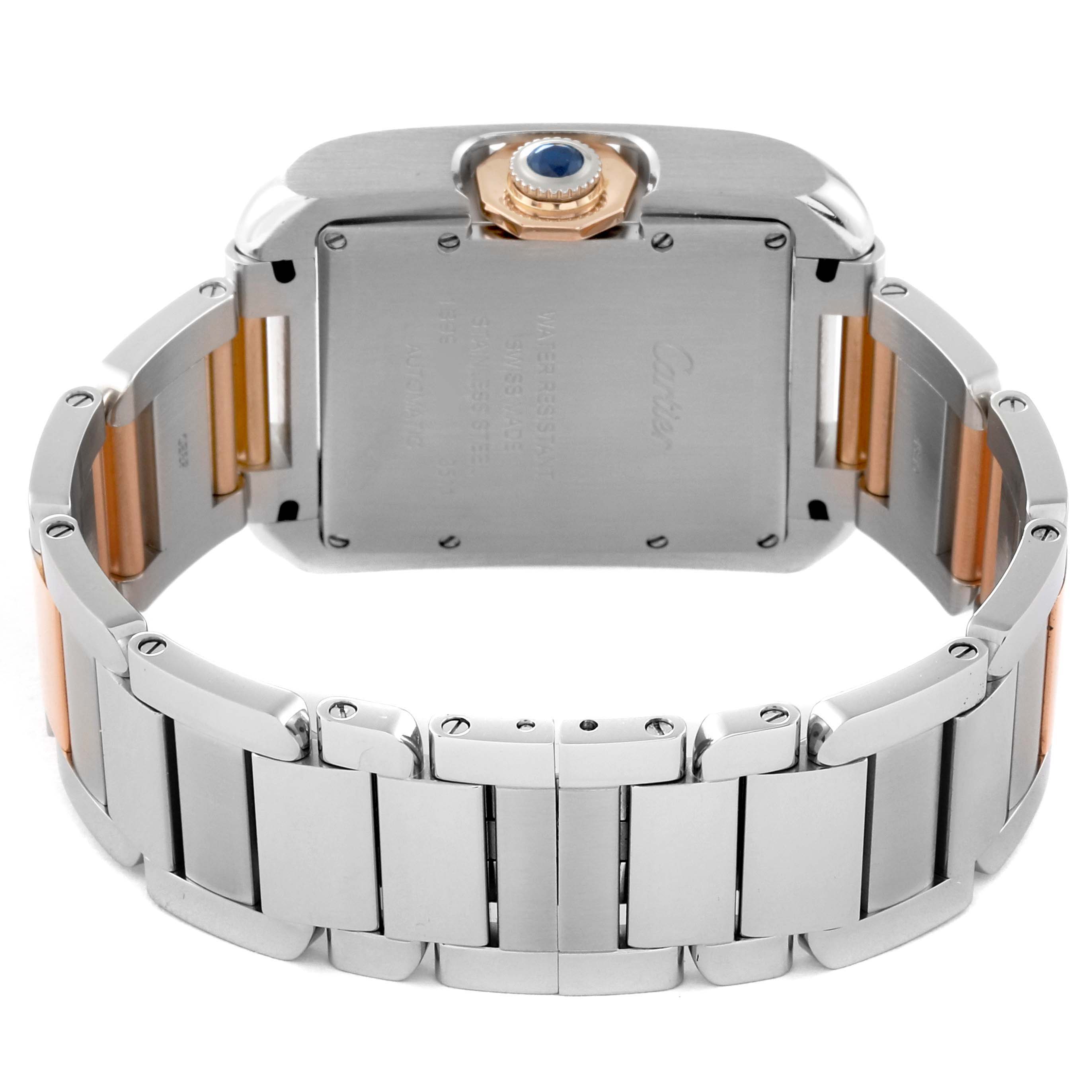 This image shows the back and bracelet of the Cartier Tank Anglaise W5310037 Men
s Steel and Gold (two tone) Silver Dial W5310037 Men
s Steel and Gold (two tone) Silver Dial watch, focusing on the case back and crown.