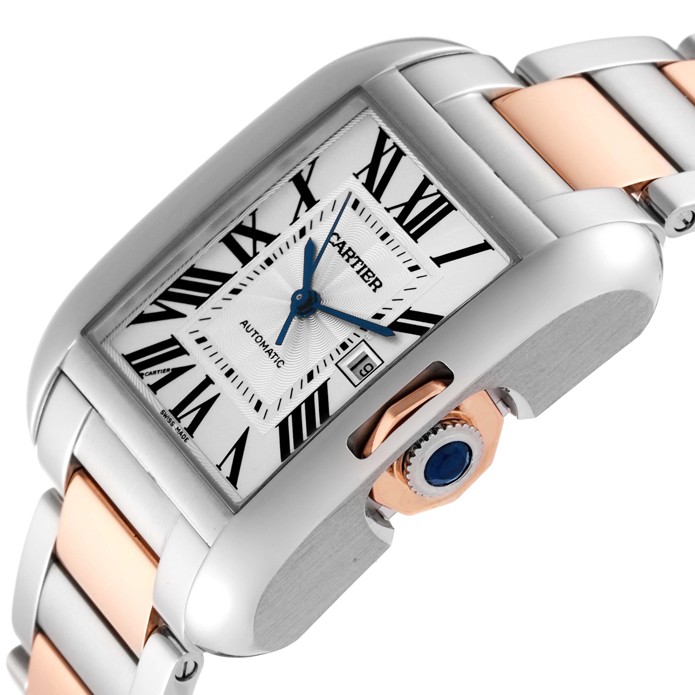The Cartier Tank Anglaise W5310037 Men
s Steel and Gold (two tone) Silver Dial W5310037 Men
s Steel and Gold (two tone) Silver Dial watch is shown at an angle displaying the face, crown, and part of the bracelet.