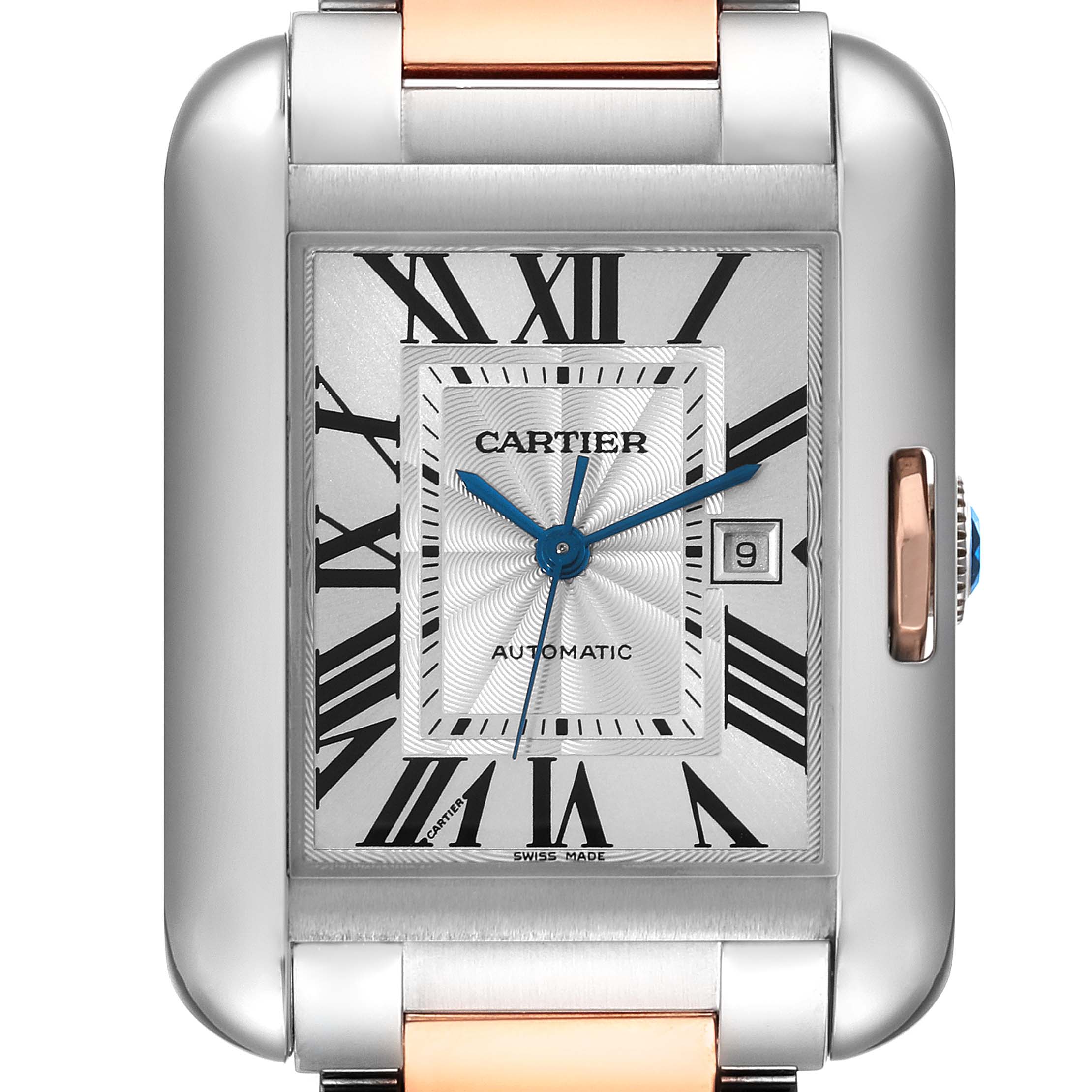 This image showcases a close-up of the face and bezel of a Cartier Tank Anglaise W5310037 Men
s Steel and Gold (two tone) Silver Dial W5310037 Men
s Steel and Gold (two tone) Silver Dial watch.