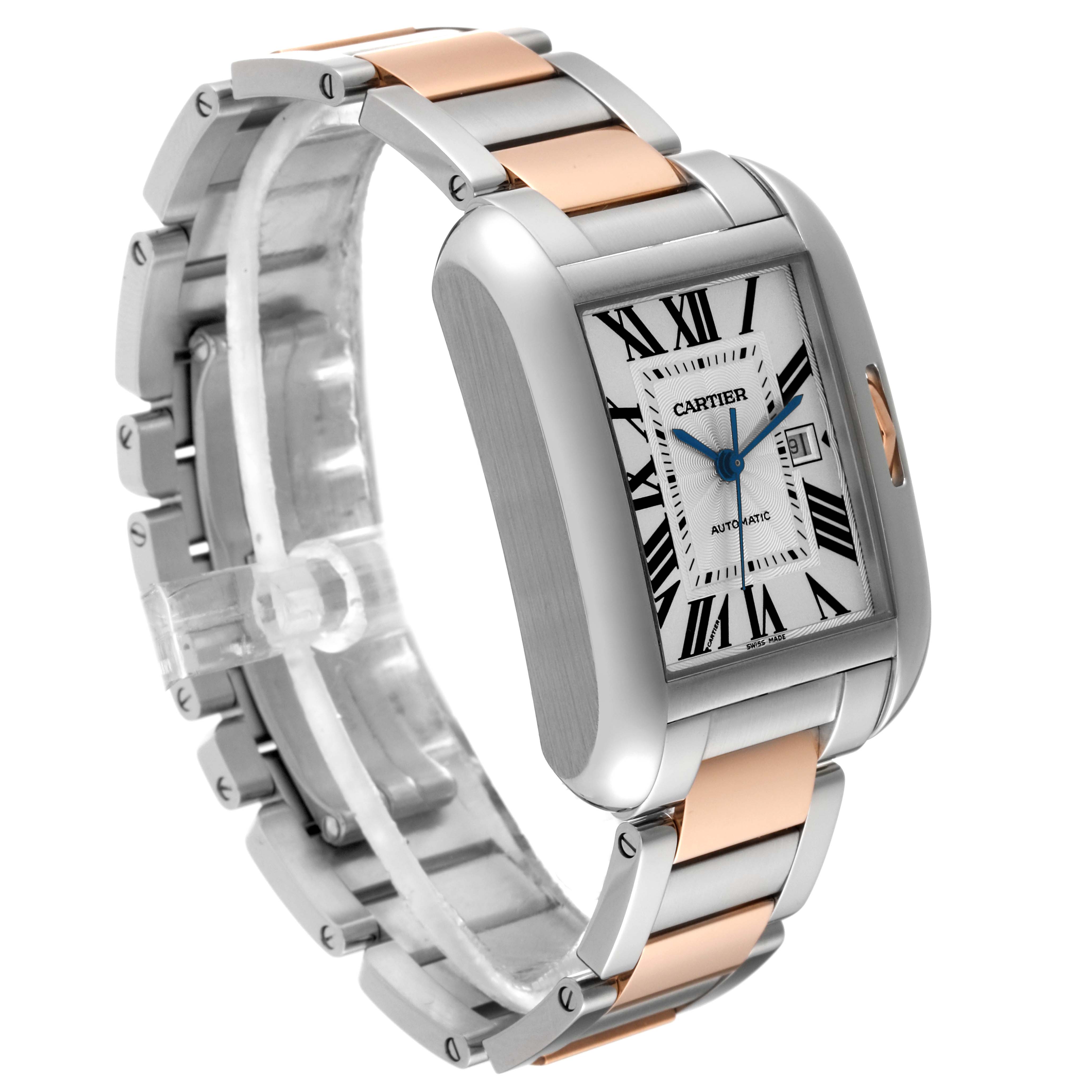 The image shows a side and front view of the Cartier Tank Anglaise W5310037 Men
s Steel and Gold (two tone) Silver Dial W5310037 Men
s Steel and Gold (two tone) Silver Dial watch, highlighting its rectangular dial and bi-colored metal bracelet.