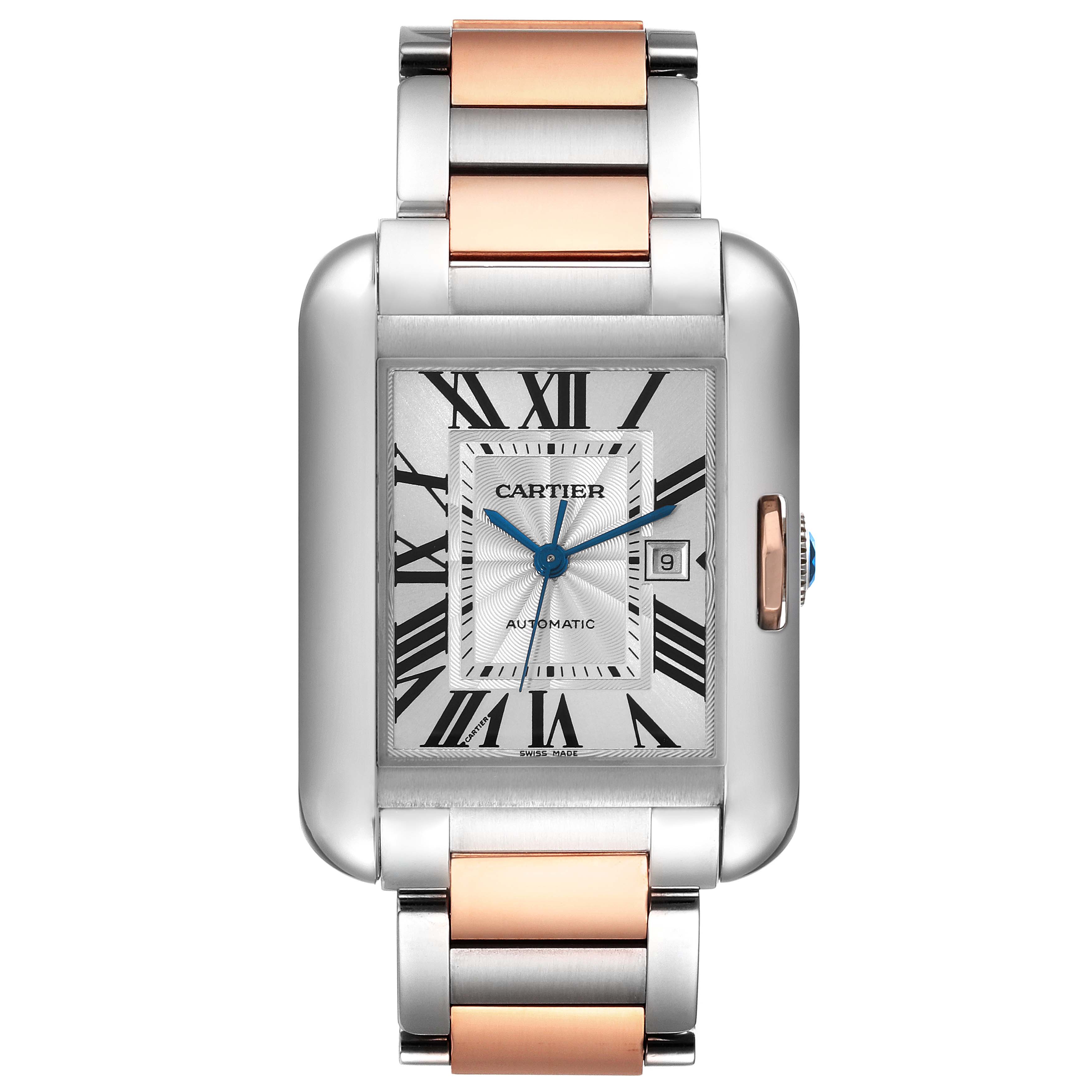 The image shows a front view of the Cartier Tank Anglaise W5310037 Men
s Steel and Gold (two tone) Silver Dial W5310037 Men
s Steel and Gold (two tone) Silver Dial watch, showcasing its face, Roman numerals, blue hands, and metal bracelet.