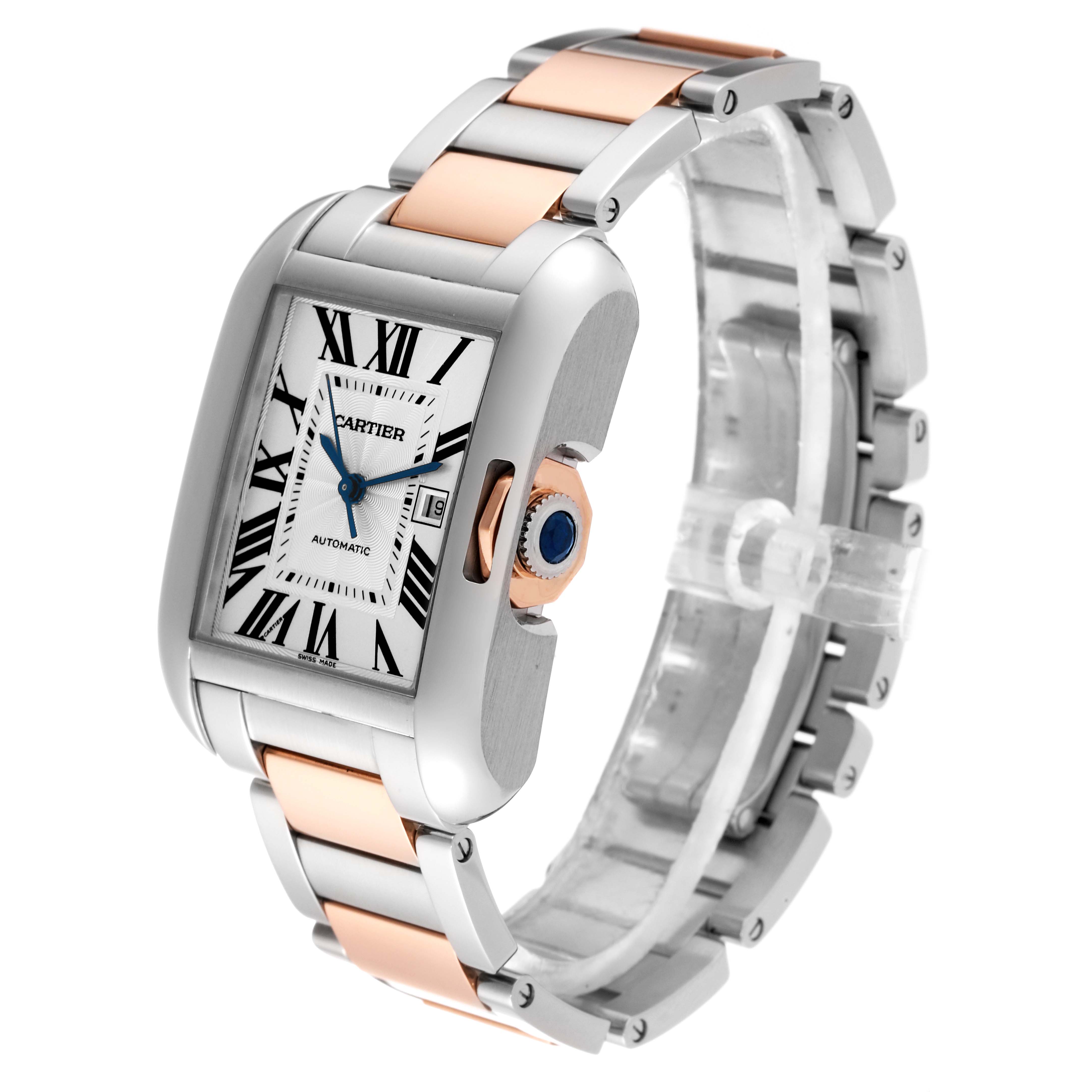 The image shows a Cartier Tank Anglaise W5310037 Men
s Steel and Gold (two tone) Silver Dial W5310037 Men
s Steel and Gold (two tone) Silver Dial watch at a three-quarter angle, highlighting its face, bracelet, and side view with crown.