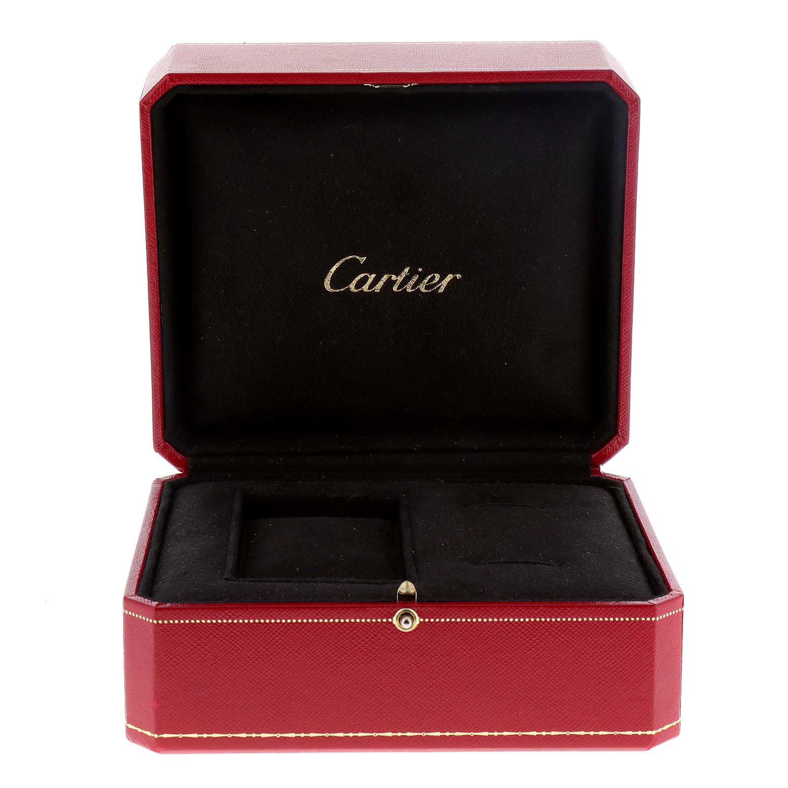 The image shows an open red Cartier watch box for the Tank Divan model, revealing a black interior with slots for the watch and accessories.