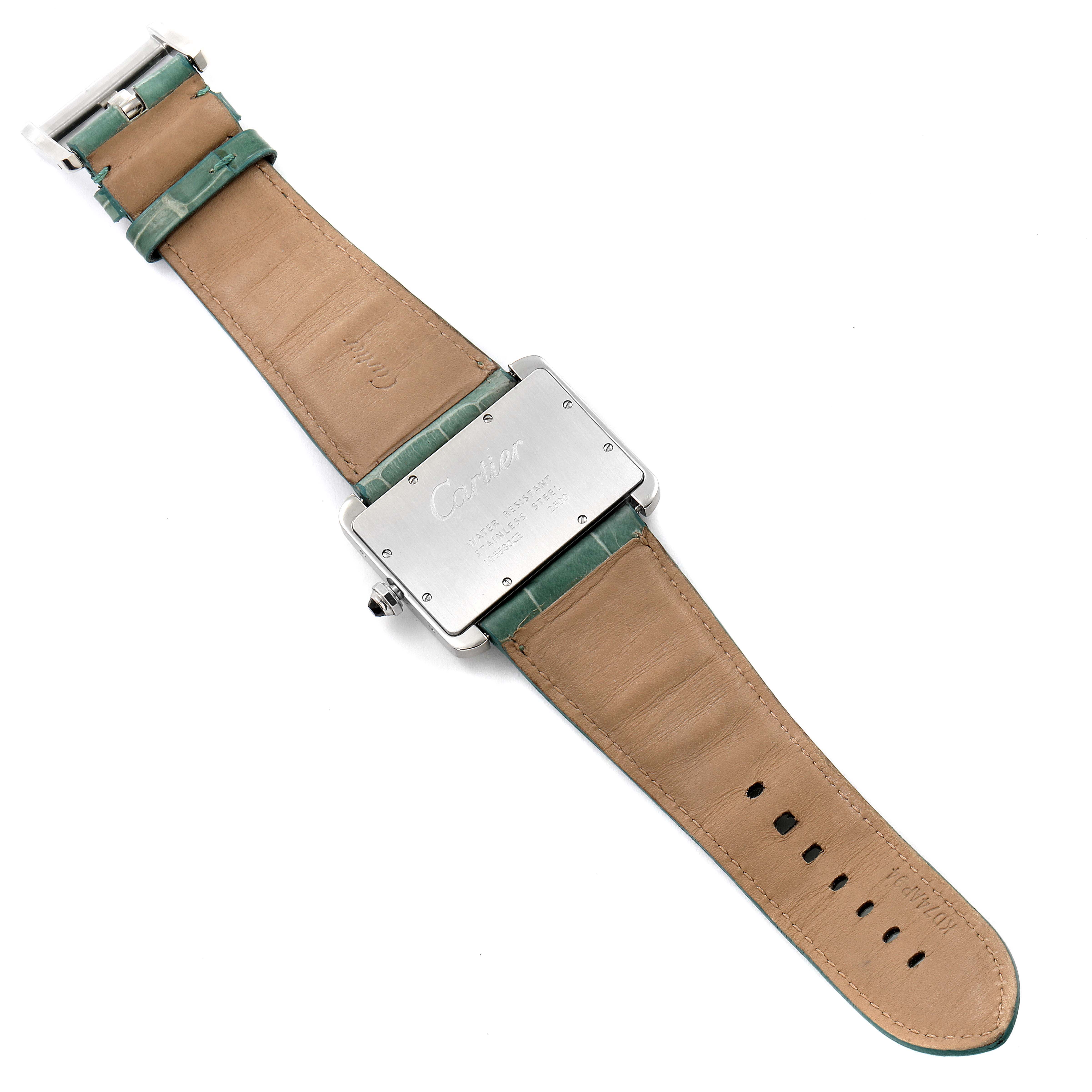 The image shows the back view of a Cartier Tank Divan W6300755 Men
s Stainless Steel Silver Dial W6300755 Men
s Stainless Steel Silver Dial watch, displaying the strap and caseback.