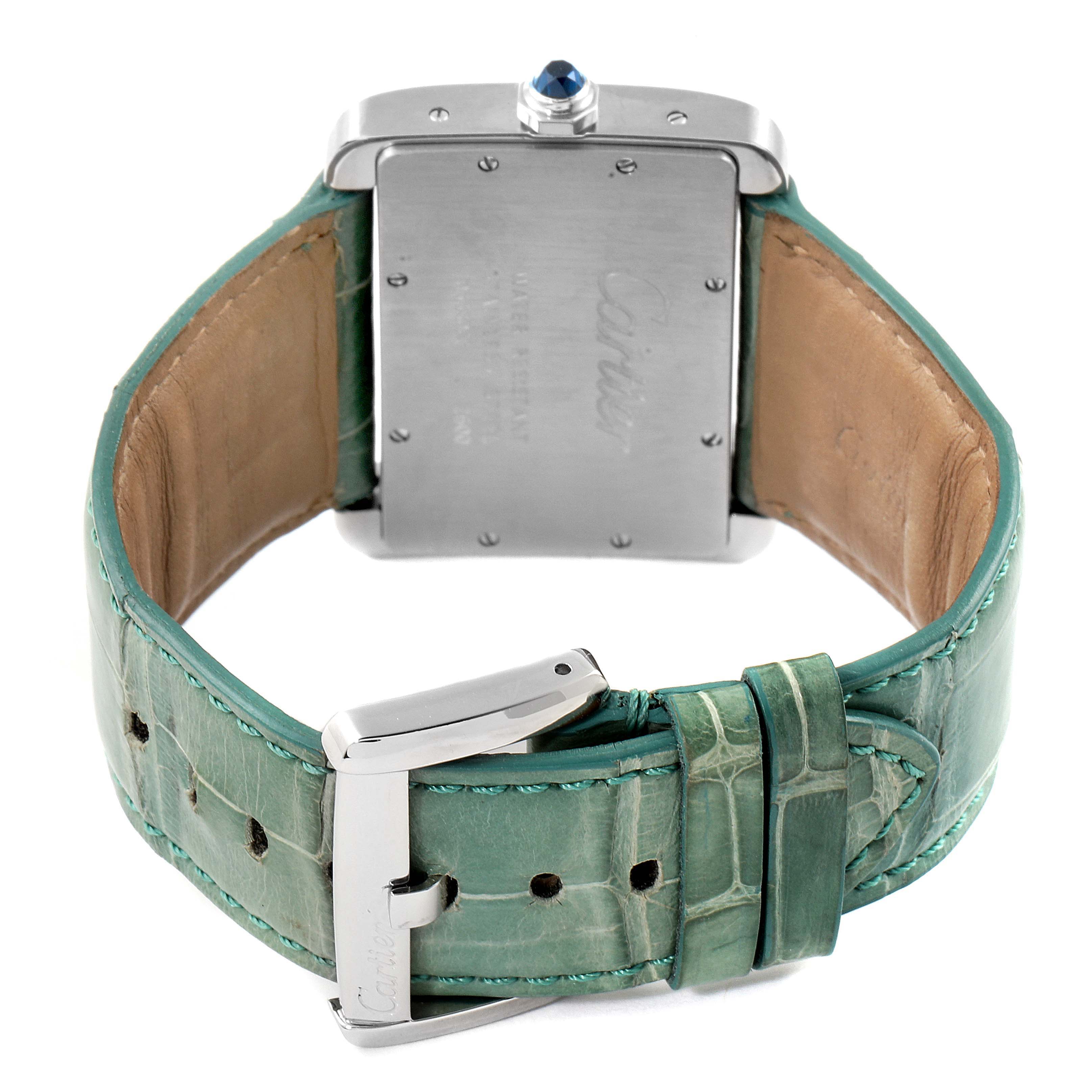 The image shows the rear view of the Cartier Tank Divan W6300755 Men
s Stainless Steel Silver Dial W6300755 Men
s Stainless Steel Silver Dial watch, highlighting the back case and green leather strap with buckle.