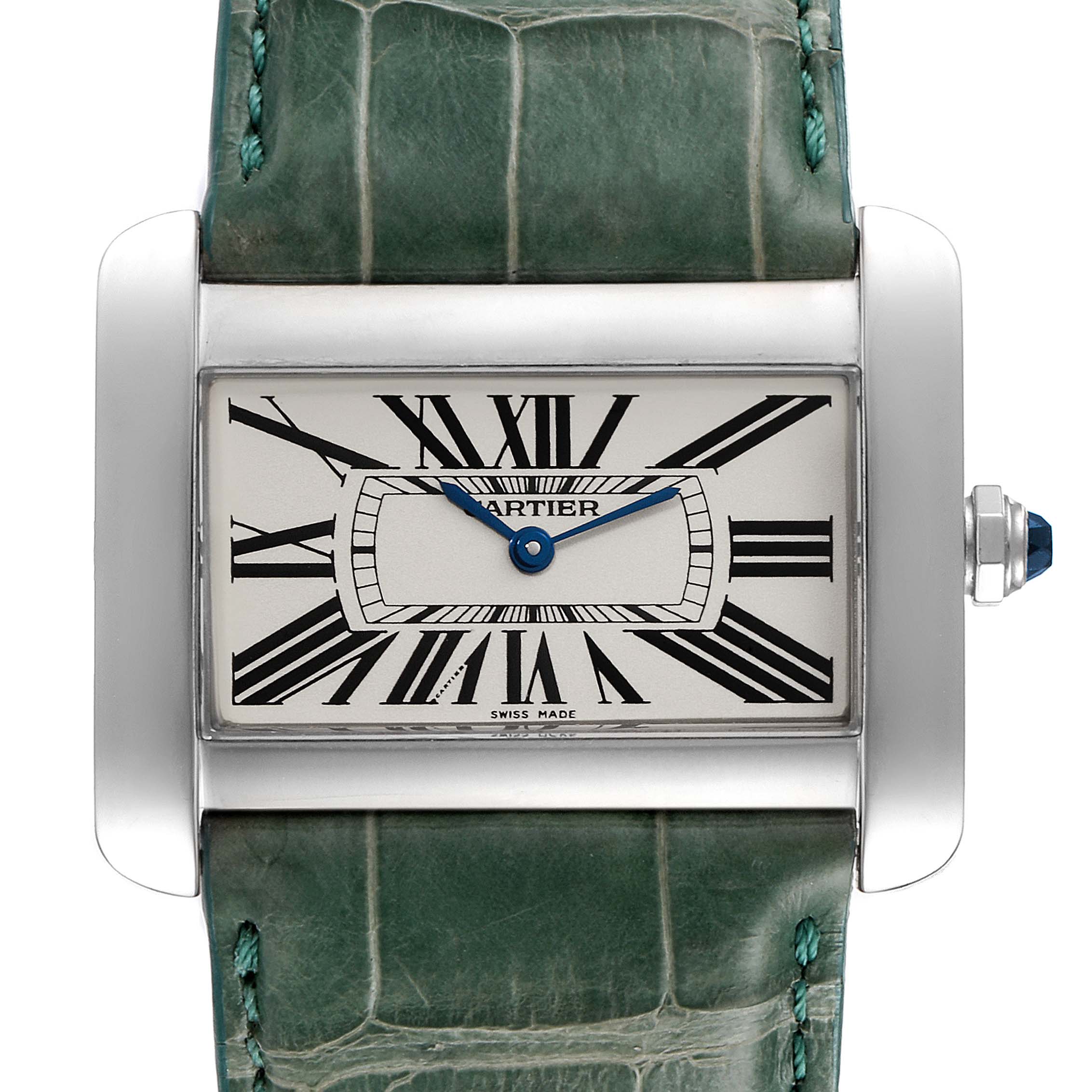 The image shows a front view of the Cartier Tank Divan W6300755 Men
s Stainless Steel Silver Dial W6300755 Men
s Stainless Steel Silver Dial watch, featuring the dial, bezel, and green leather strap.