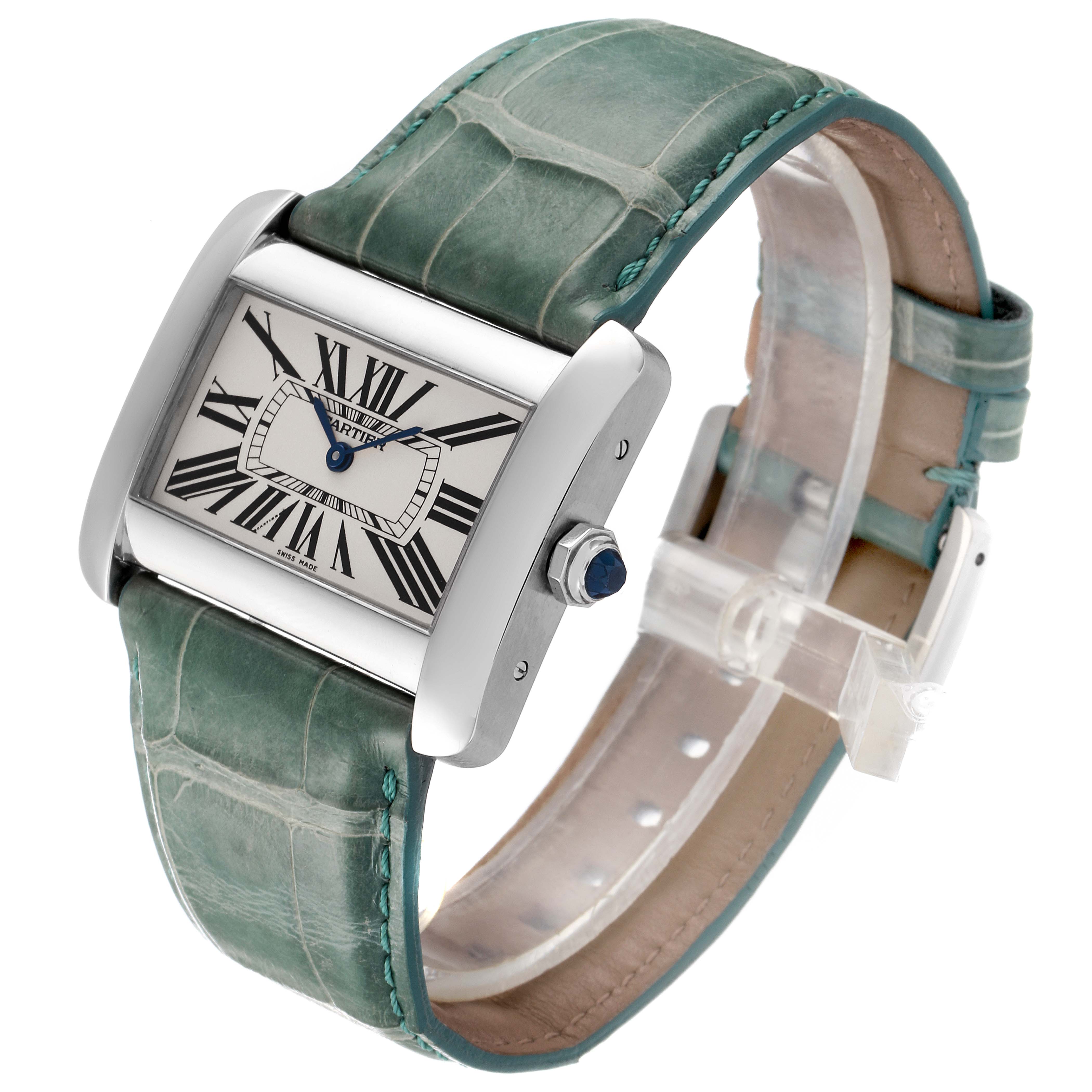 The image shows a Cartier Tank Divan W6300755 Men
s Stainless Steel Silver Dial W6300755 Men
s Stainless Steel Silver Dial watch from a three-quarter angle, highlighting its face, side, and strap.