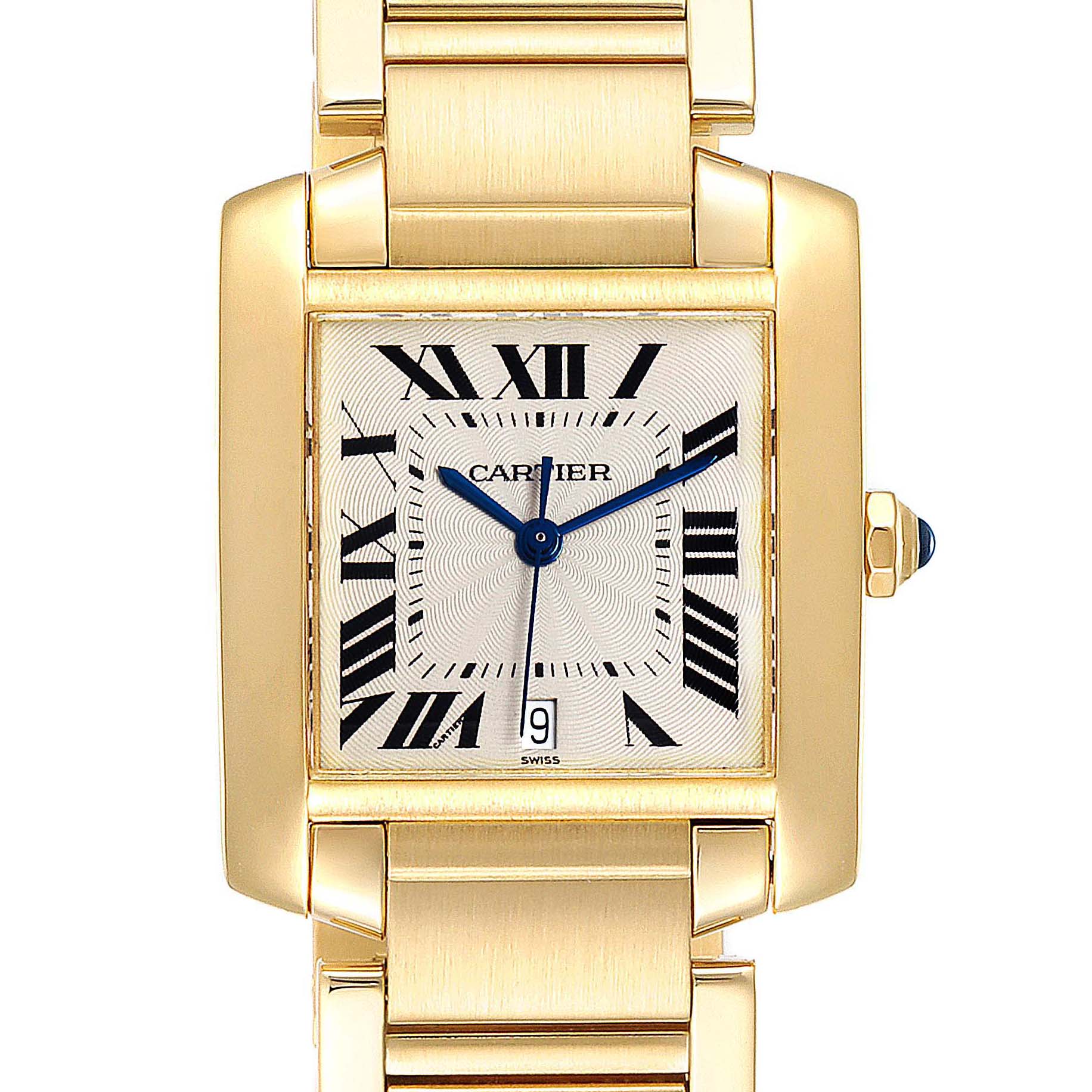 The image shows a front view of a Cartier Tank Française watch, highlighting the dial, case, and bracelet.
