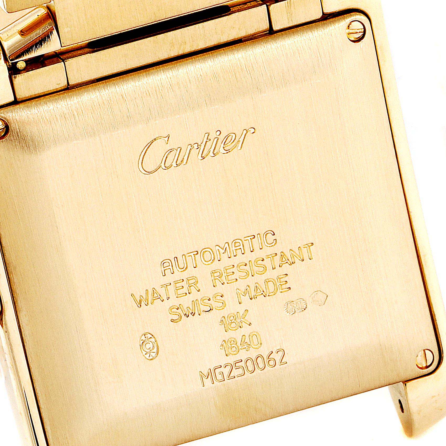 This image shows the case back of a Cartier Tank Francaise W50001R2 Men's Yellow Gold Silver Dial W50001R2 Men's Yellow Gold Silver Dial watch highlighting its engravings and specifications.