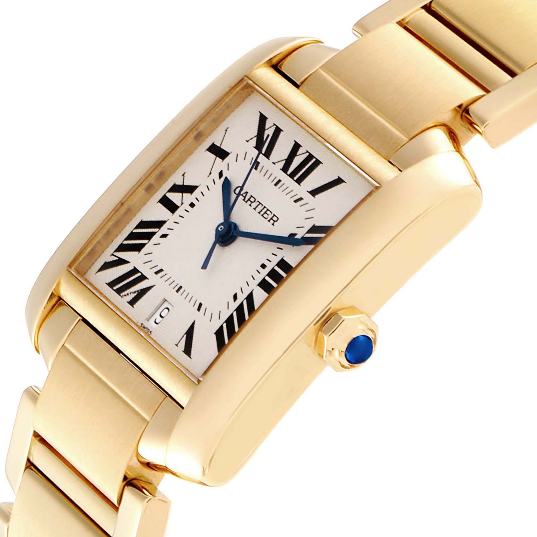 This Cartier Tank Francaise W50001R2 Men's Yellow Gold Silver Dial W50001R2 Men's Yellow Gold Silver Dial watch is shown from a three-quarter angle, highlighting its rectangular dial, Roman numerals, and gold bracelet.