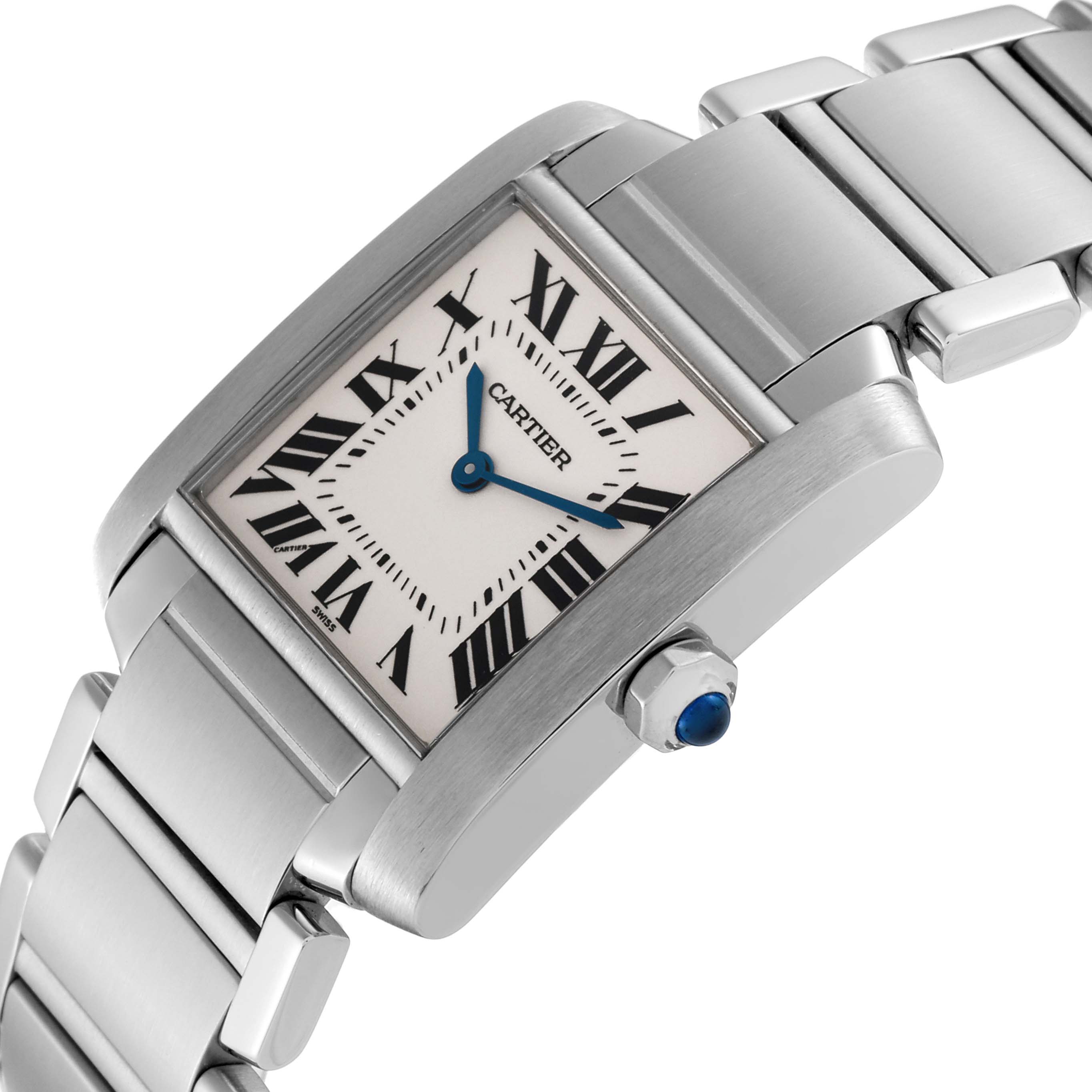 This image shows a Cartier Tank Francaise WSTA0005 Women
s Stainless Steel Silver Dial WSTA0005 Women
s Stainless Steel Silver Dial watch at an angled view, highlighting its rectangular dial, Roman numerals, and bracelet.