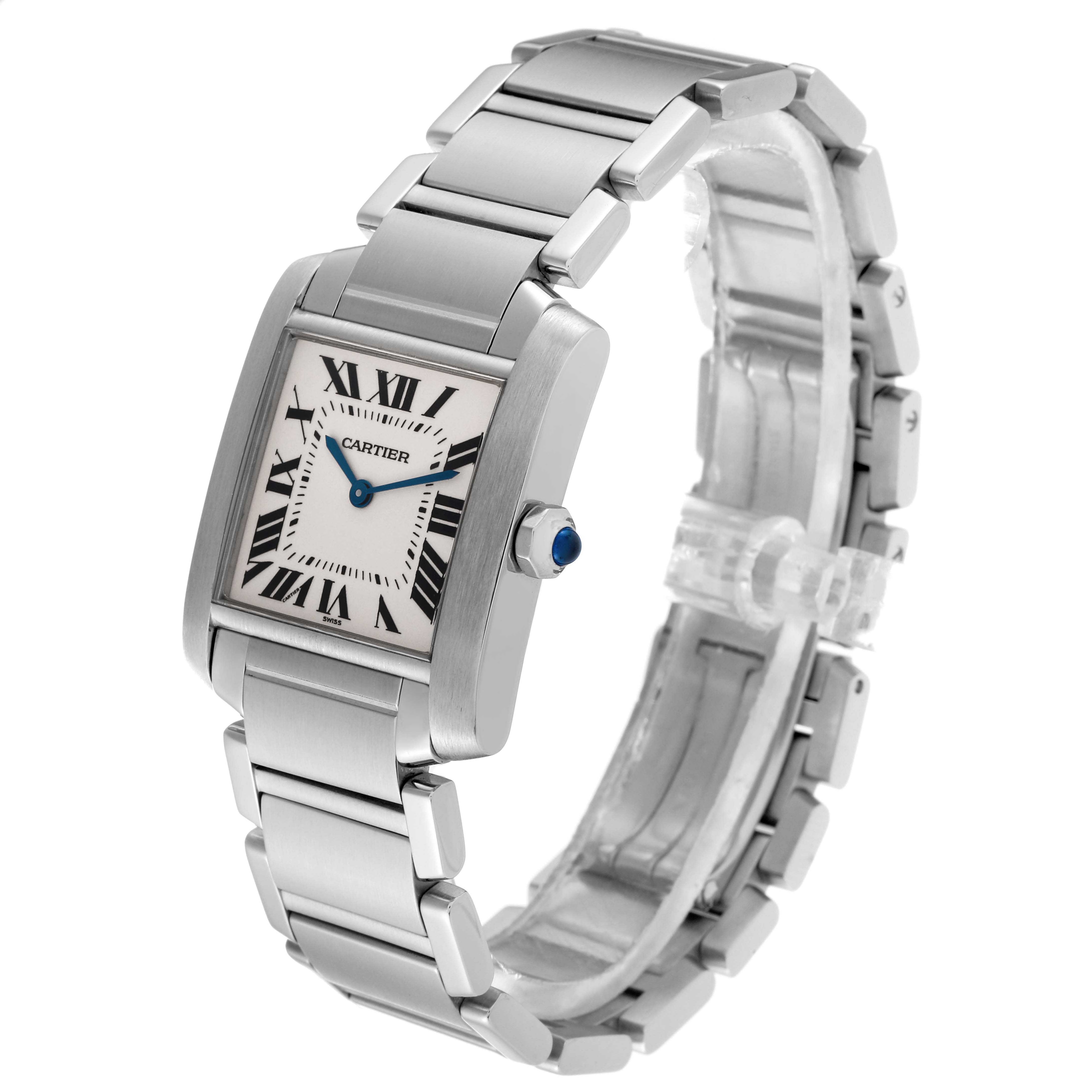 The image shows a Cartier Tank Francaise WSTA0005 Women
s Stainless Steel Silver Dial WSTA0005 Women
s Stainless Steel Silver Dial model watch from a front angle, featuring its rectangular face and stainless steel bracelet.