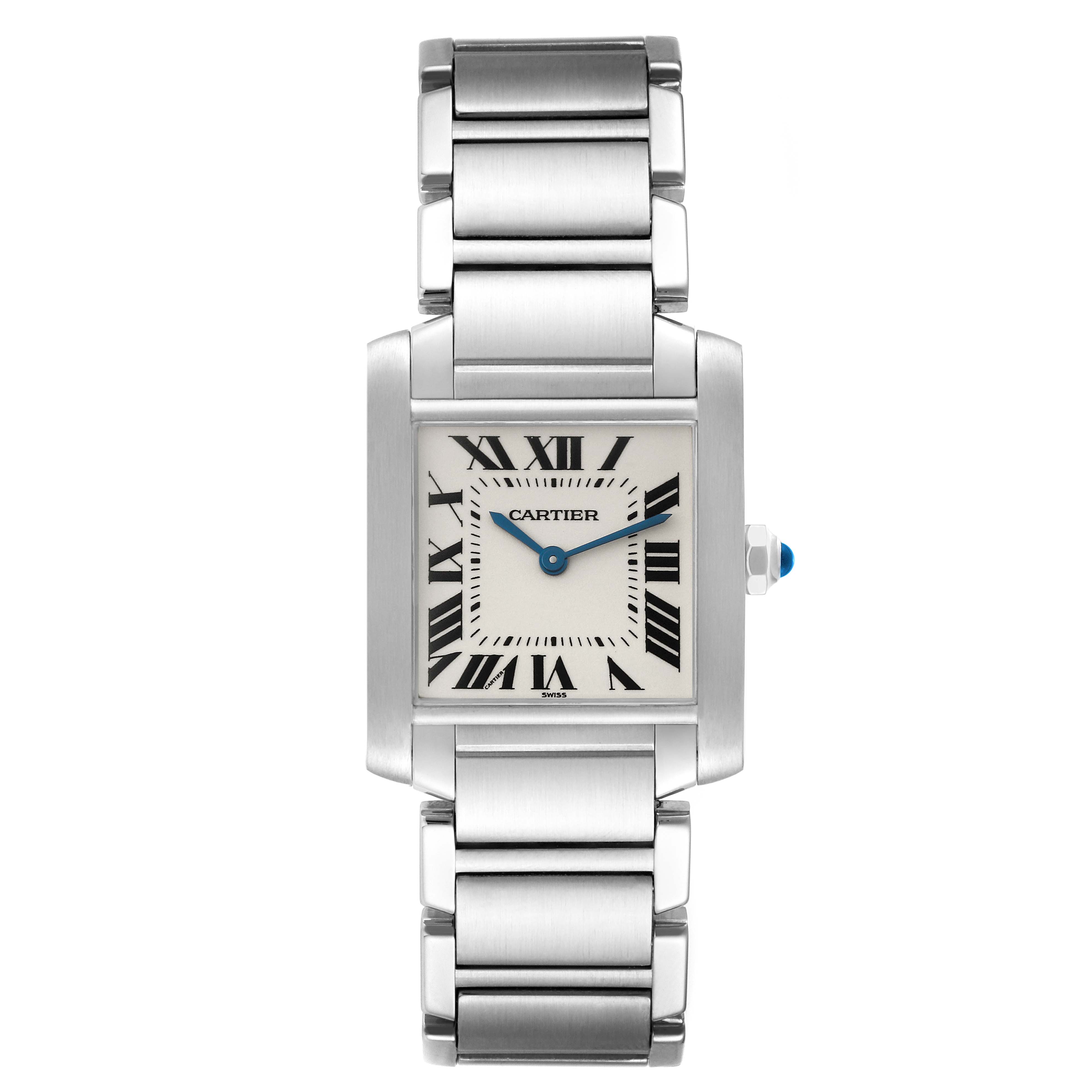 This image shows a front view of the Cartier Tank Francaise WSTA0005 Women
s Stainless Steel Silver Dial WSTA0005 Women
s Stainless Steel Silver Dial watch, displaying its rectangular face, Roman numerals, and metal bracelet.