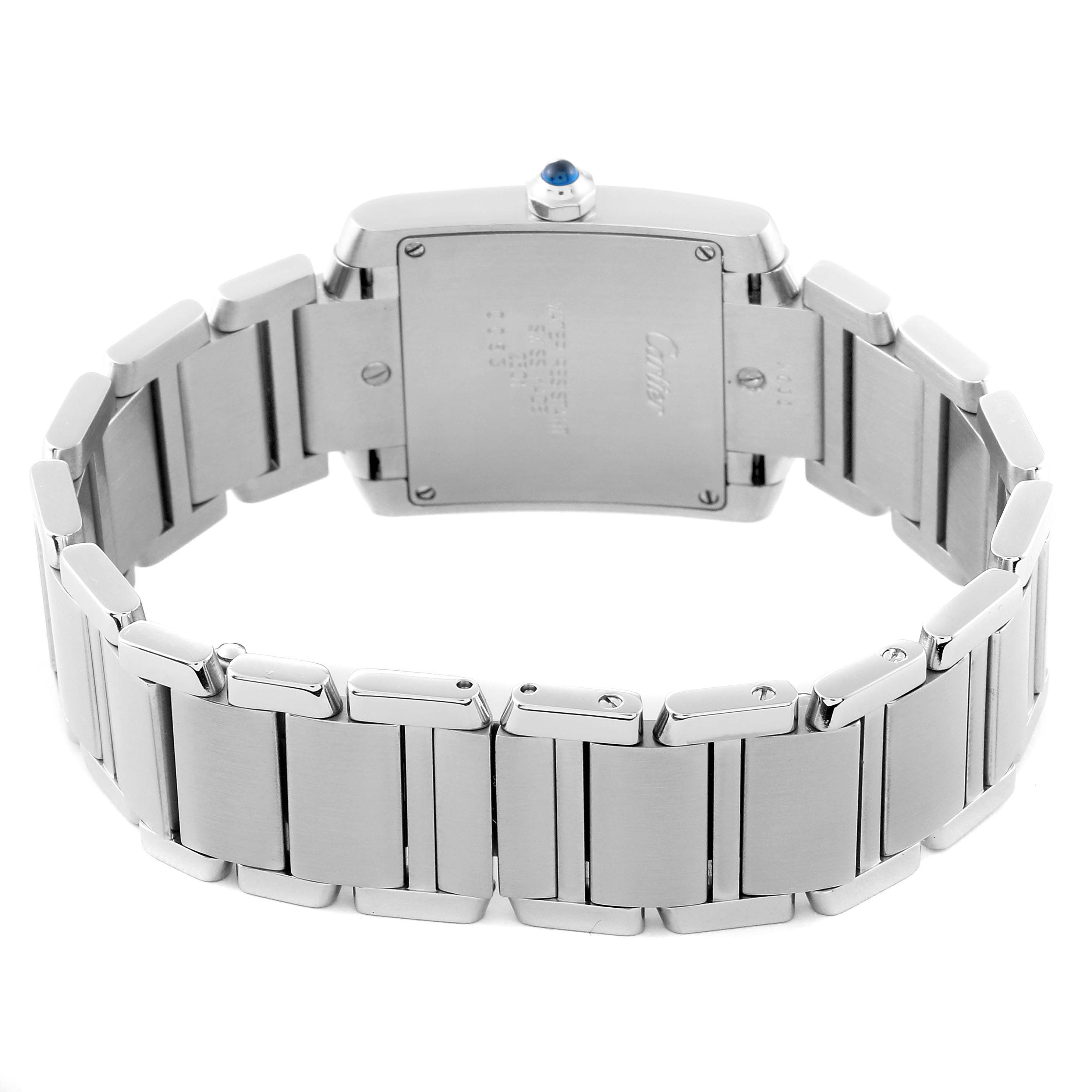 This image shows the back view of a Cartier Tank Française model watch, including the case back and bracelet.