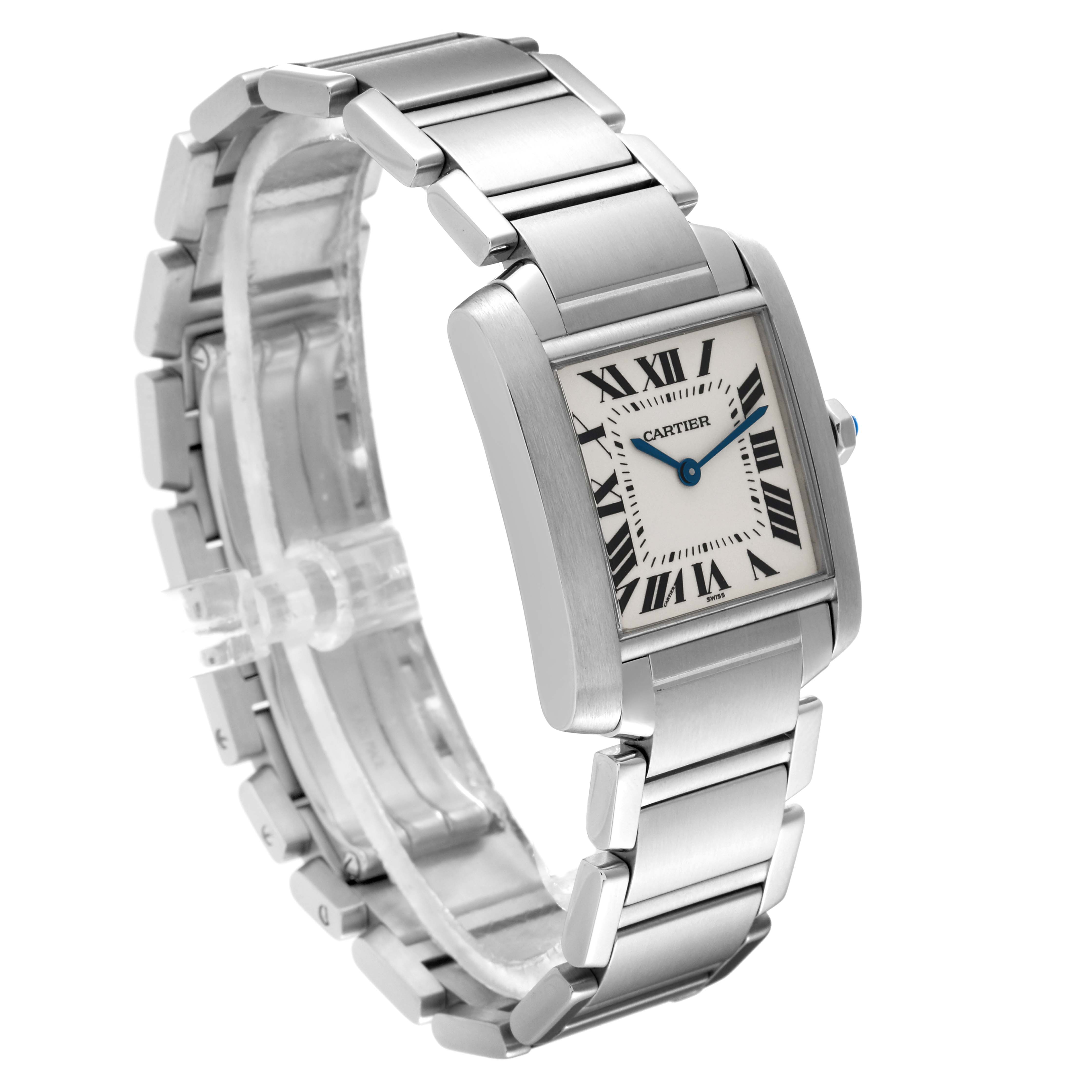 The image shows a Tank Francaise watch by Cartier at a slight angle, highlighting its rectangular face, bracelet, and crown jewel.