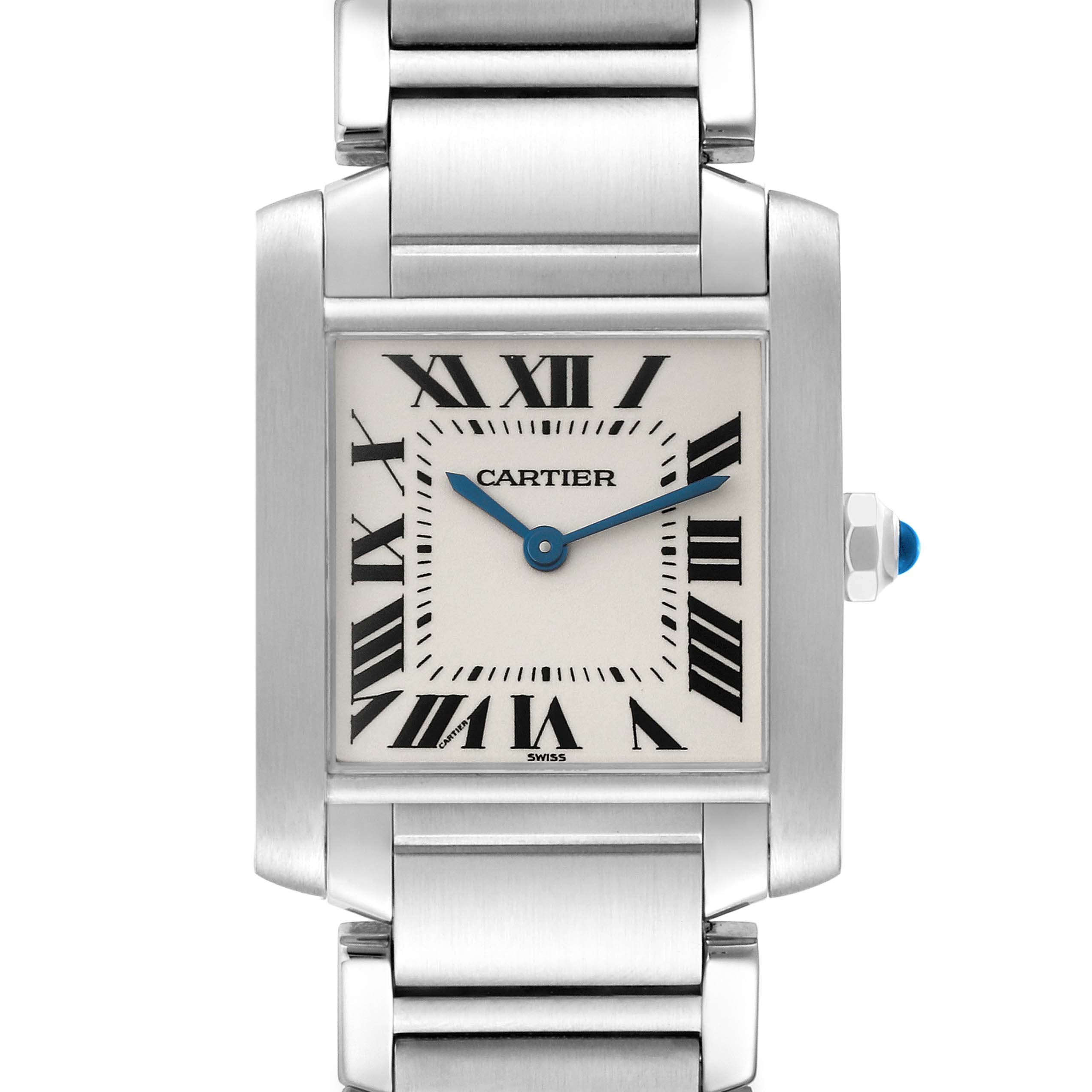 This image shows a Cartier Tank Francaise WSTA0005 Women
s Stainless Steel Silver Dial WSTA0005 Women
s Stainless Steel Silver Dial watch from a front angle, featuring the face and part of the metal bracelet.