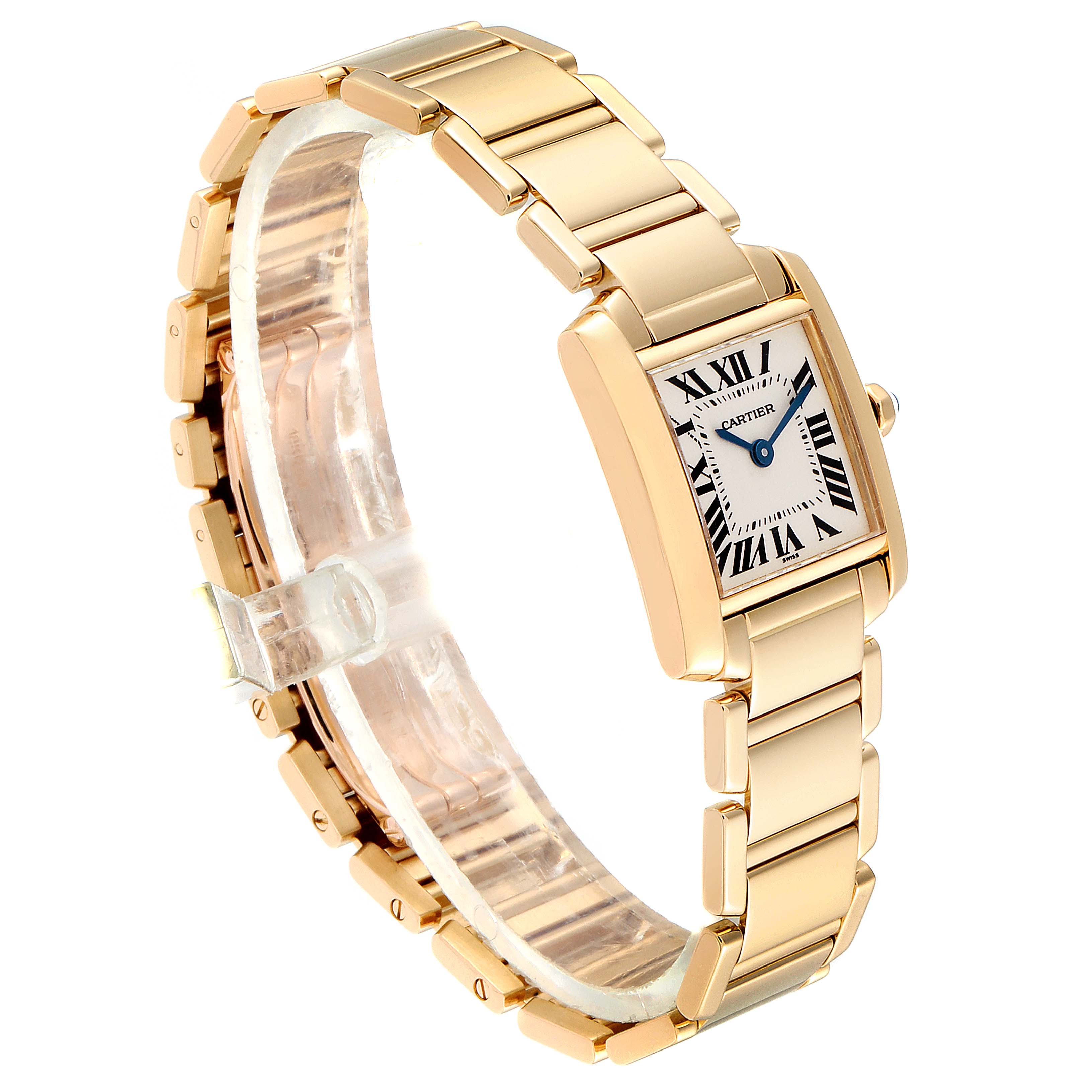 The Cartier Tank Francaise W50002N2 Women's Yellow Gold Silver Dial W50002N2 Women's Yellow Gold Silver Dial watch is shown from an angled side perspective, highlighting the rectangular face and gold bracelet.