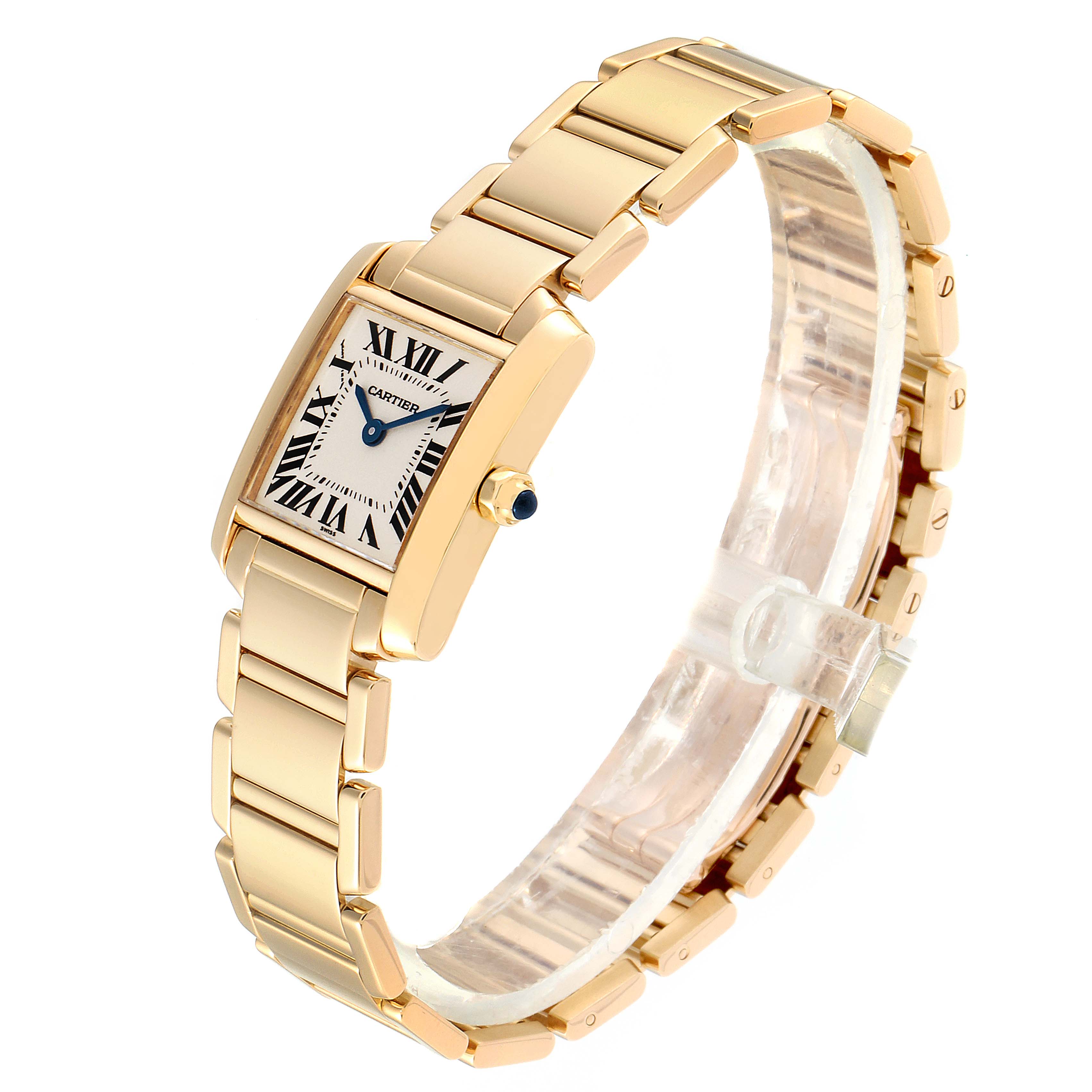 The image shows a Cartier Tank Francaise W50002N2 Women's Yellow Gold Silver Dial W50002N2 Women's Yellow Gold Silver Dial watch at a side angle, highlighting its rectangular face, gold band, and clasp.