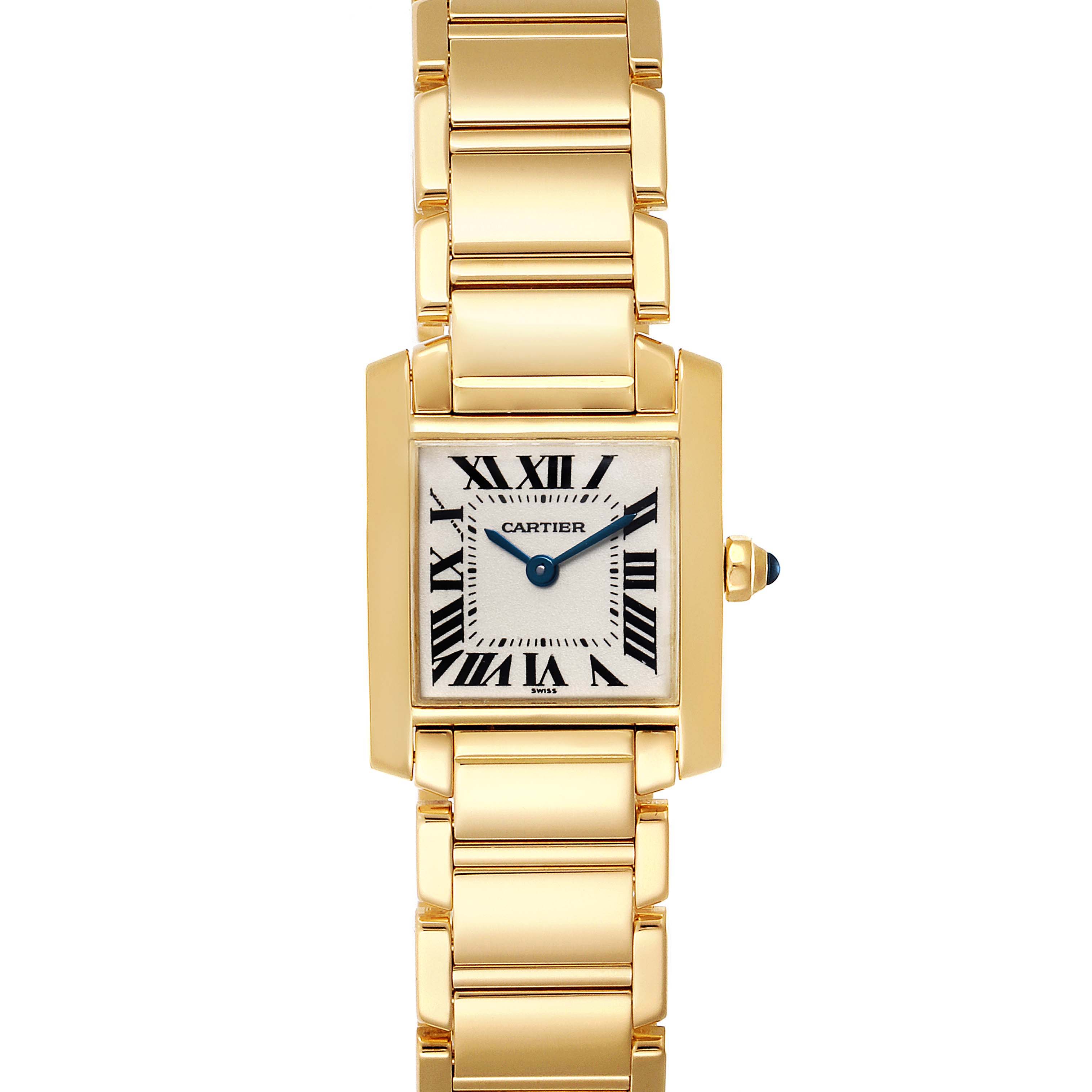 The Cartier Tank Francaise W50002N2 Women's Yellow Gold Silver Dial W50002N2 Women's Yellow Gold Silver Dial watch is shown from a front angle, displaying its bracelet, rectangular case, dial, and crown.
