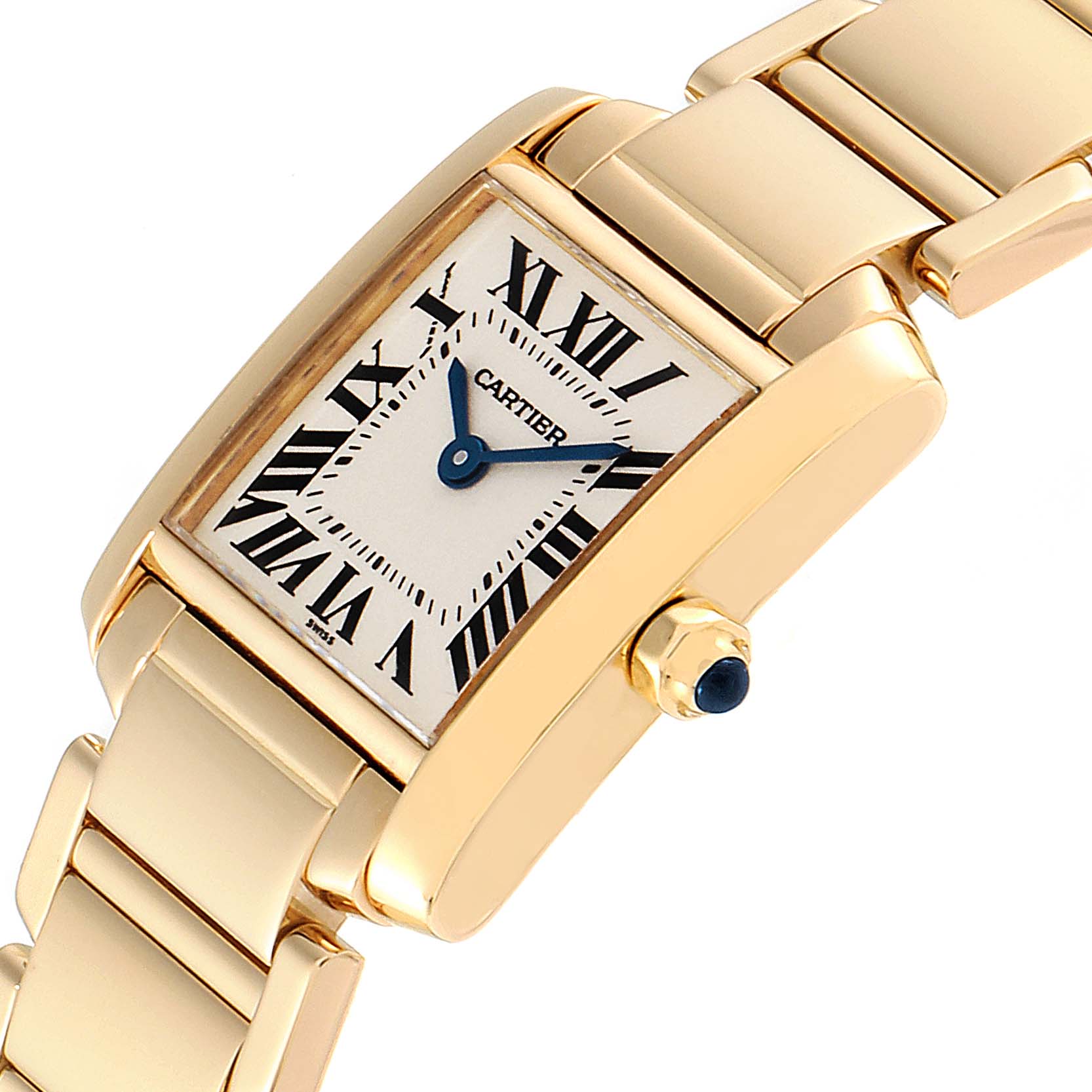 The image shows the Cartier Tank Francaise W50002N2 Women's Yellow Gold Silver Dial W50002N2 Women's Yellow Gold Silver Dial watch from an angled view, highlighting the face, crown, and part of the bracelet.