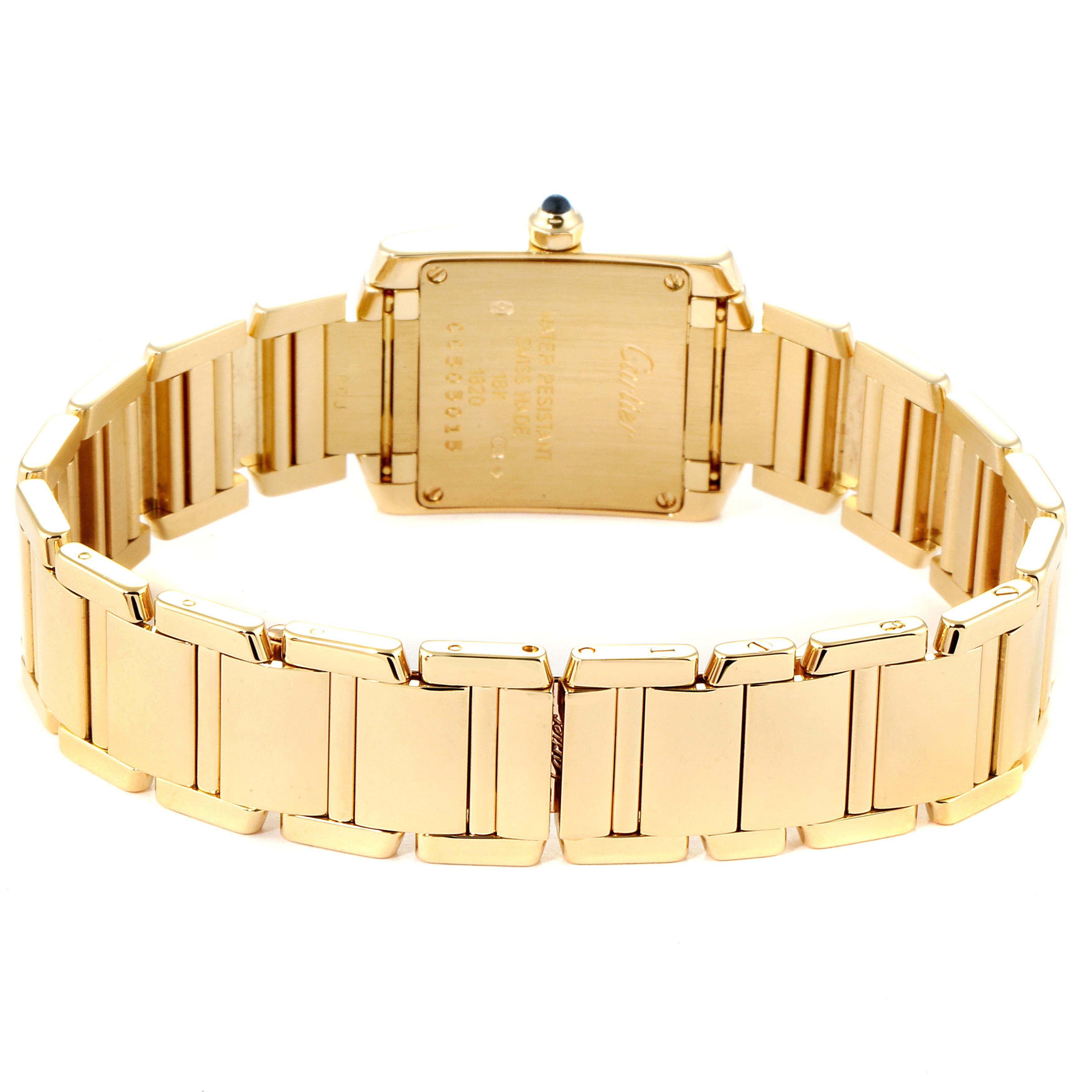 This image shows the back view of a Cartier Tank Francaise W50002N2 Women's Yellow Gold Silver Dial W50002N2 Women's Yellow Gold Silver Dial watch, focusing on the gold case and bracelet.