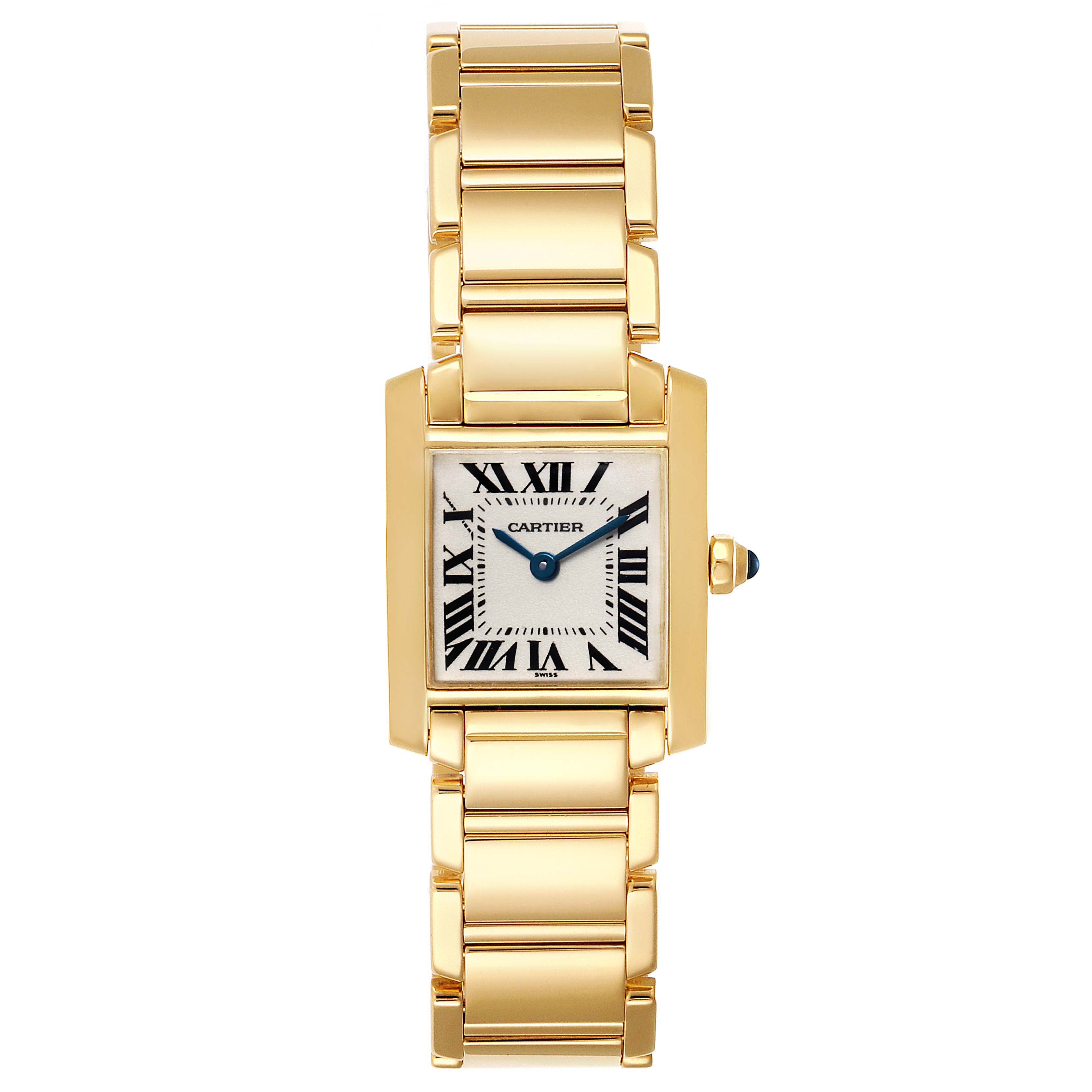 The image shows a front view of a Cartier Tank Francaise W50002N2 Women's Yellow Gold Silver Dial W50002N2 Women's Yellow Gold Silver Dial watch in gold, highlighting its face, bracelet, and crown.