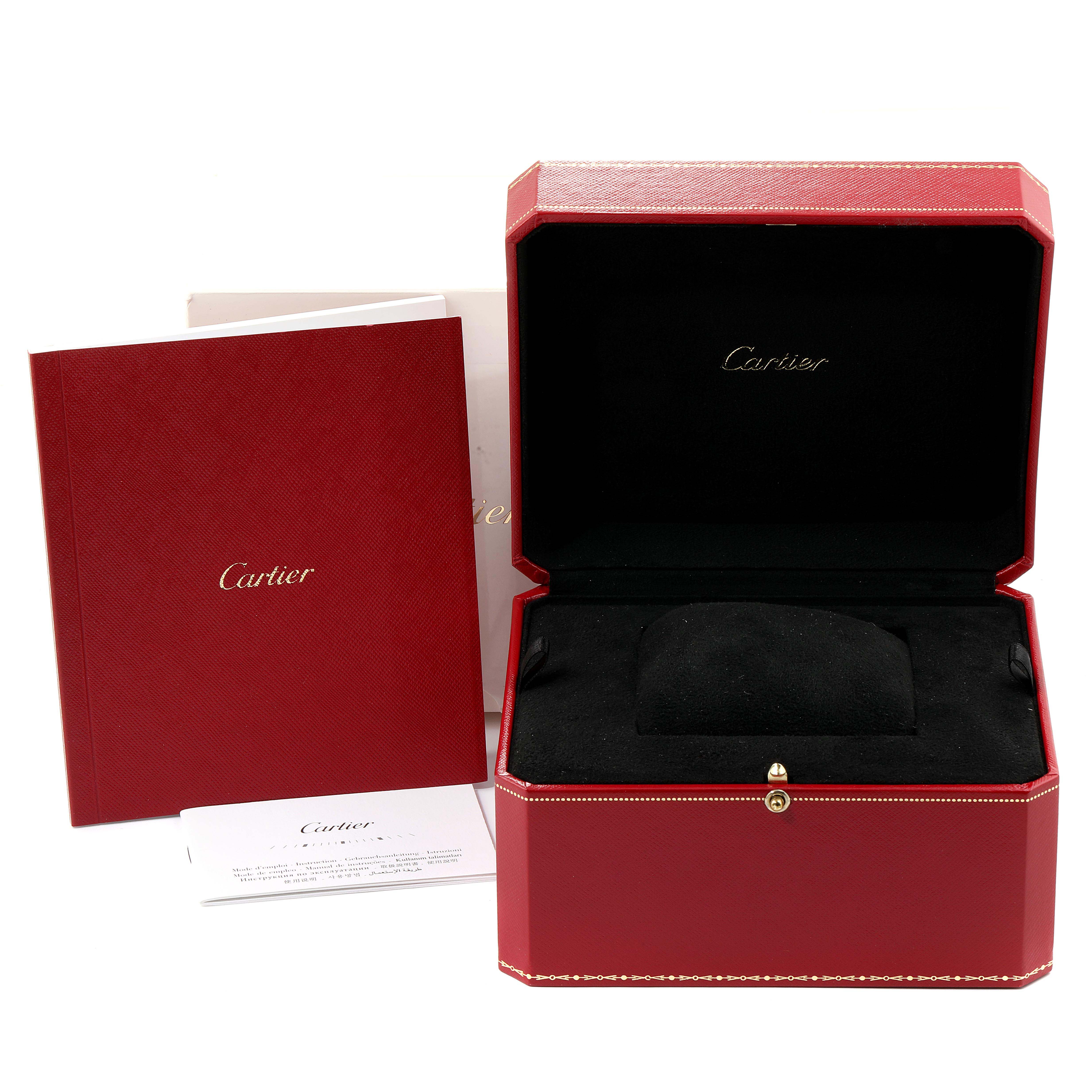 This image shows the red display box for the Cartier Tank Francaise W50002N2 Women's Yellow Gold Silver Dial W50002N2 Women's Yellow Gold Silver Dial watch along with the accompanying booklet.